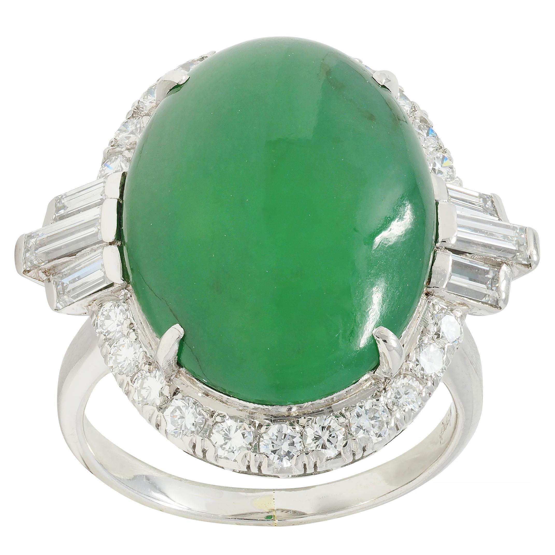 Mid-Century Natural Jadeite Jade Diamond Platinum Vintage Halo Ring GIA For Sale 3