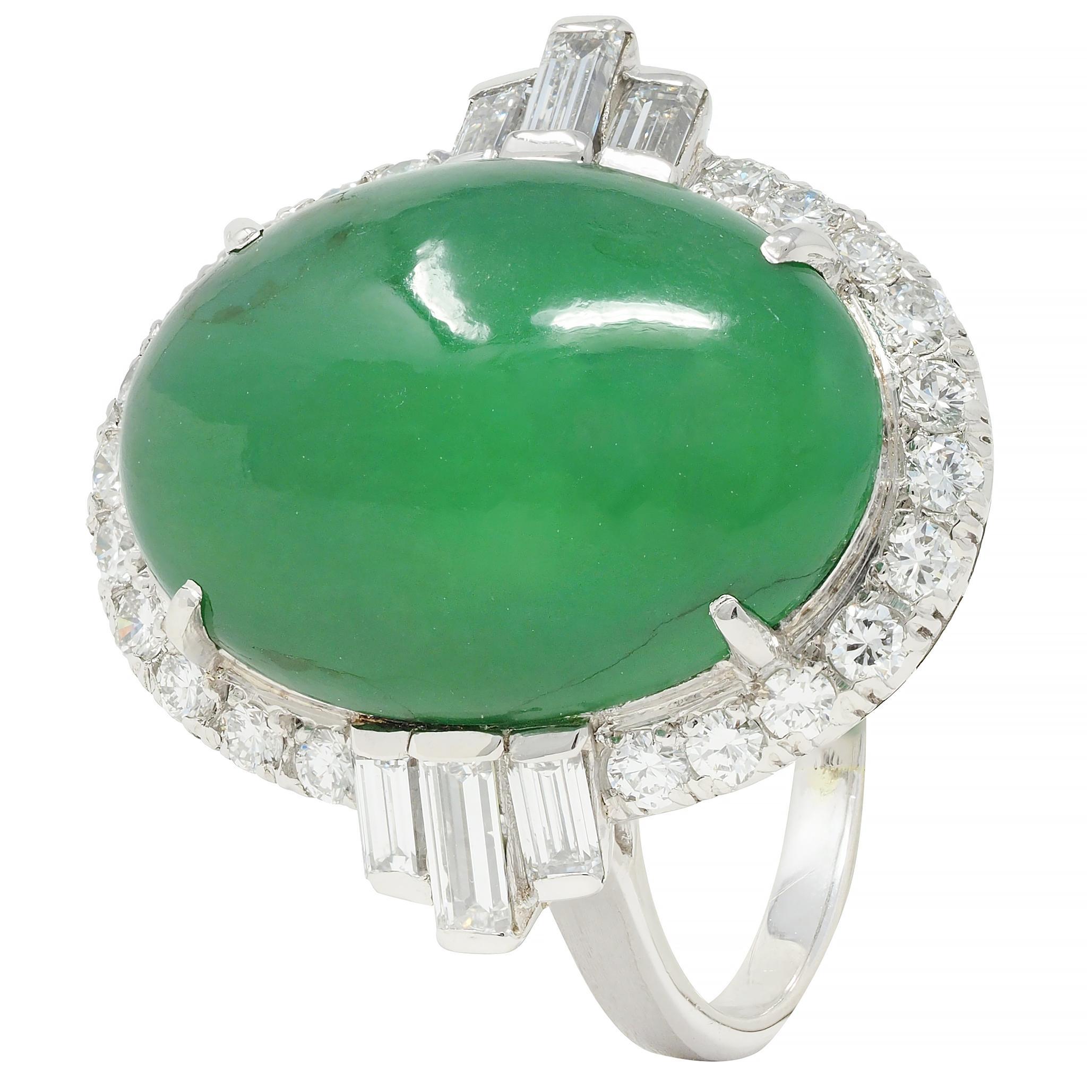 Mid-Century Natural Jadeite Jade Diamond Platinum Vintage Halo Ring GIA For Sale 4