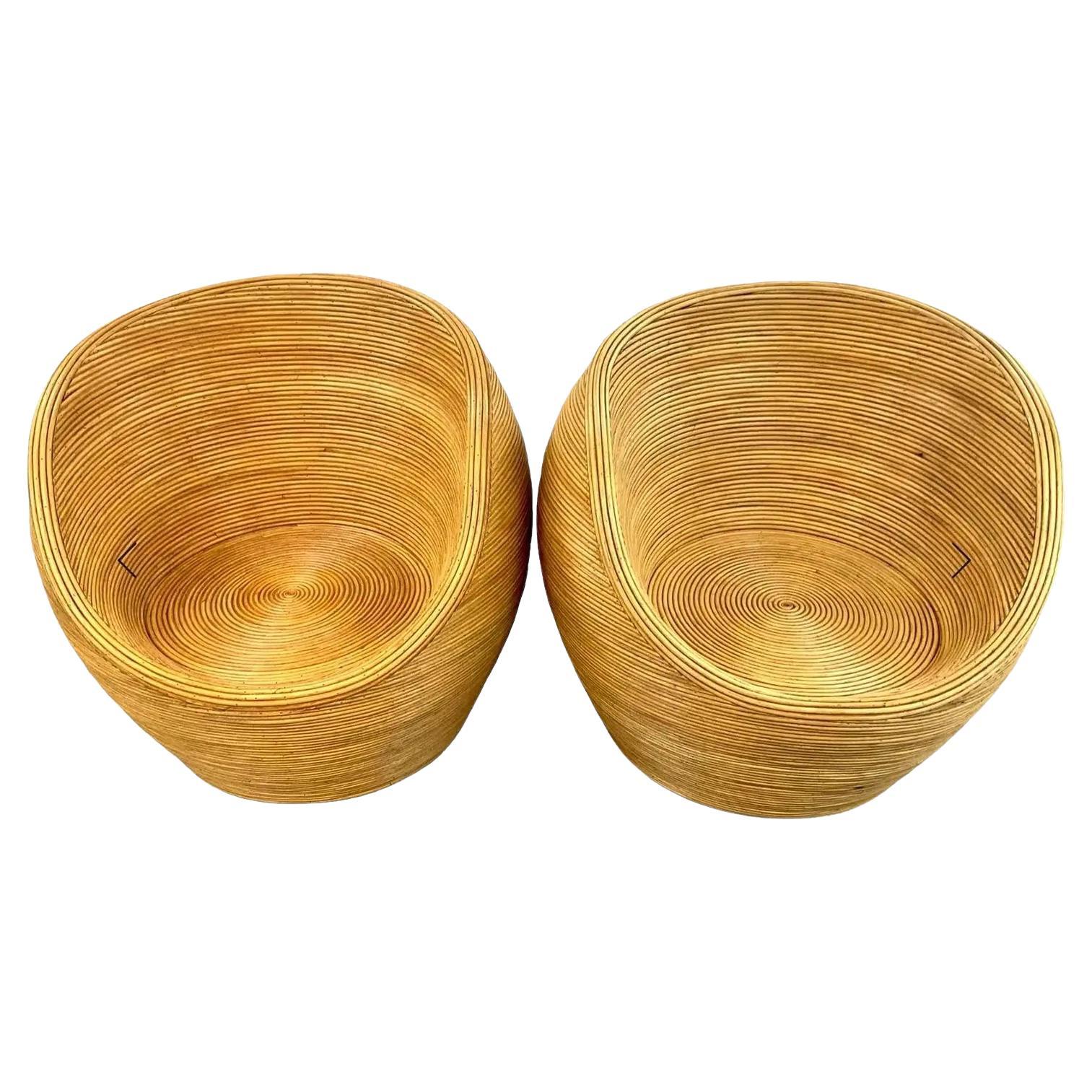 Mid Century Natural Pencil Reed Rattan Tub Chairs- a Pair