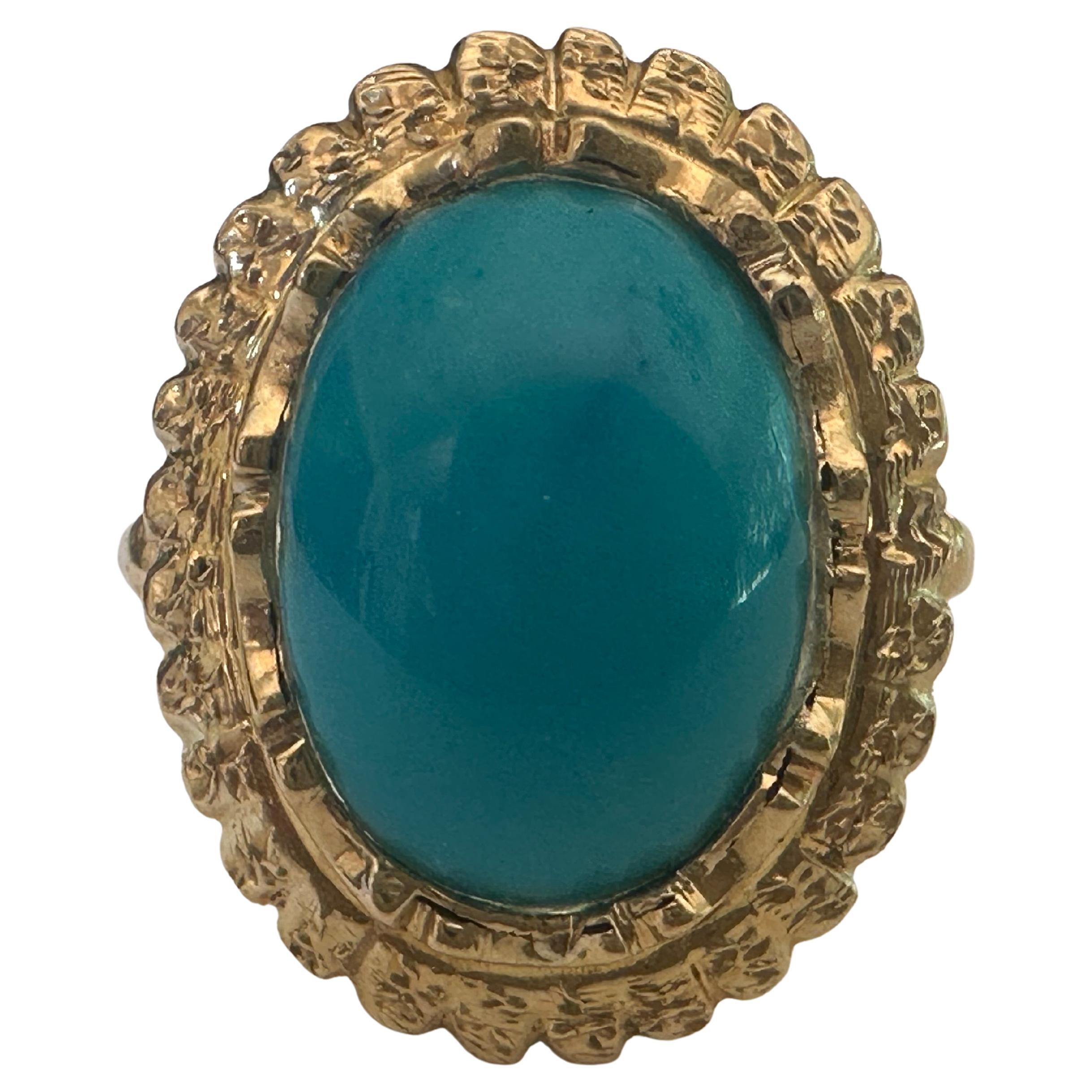 Anello da cocktail con cabochon di turchese persiano naturale di metà secolo e oro giallo 18 carati