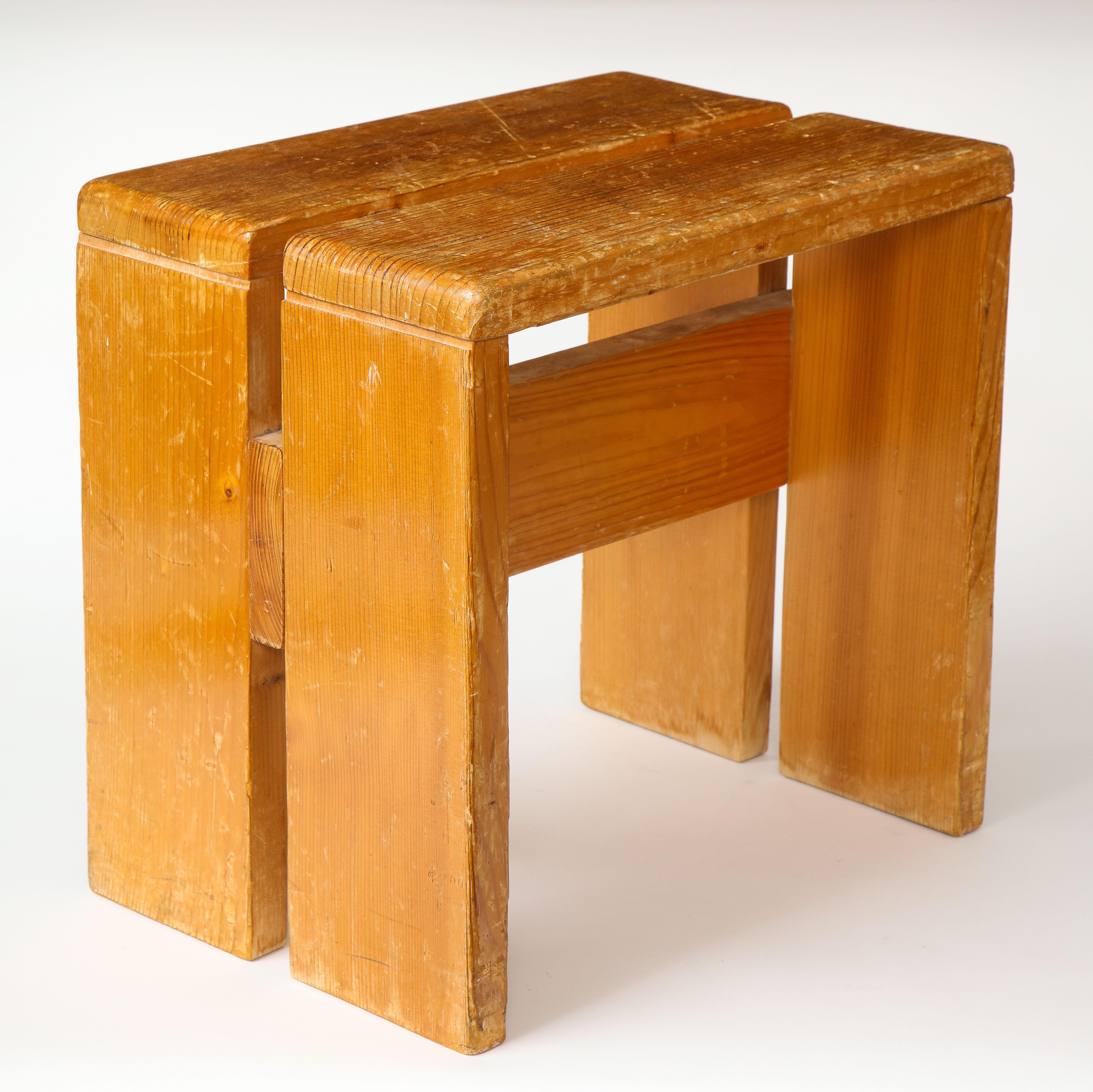 French Mid-Century Natural Pine Les Arcs Stools by Charlotte Perriand, France, c. 1960