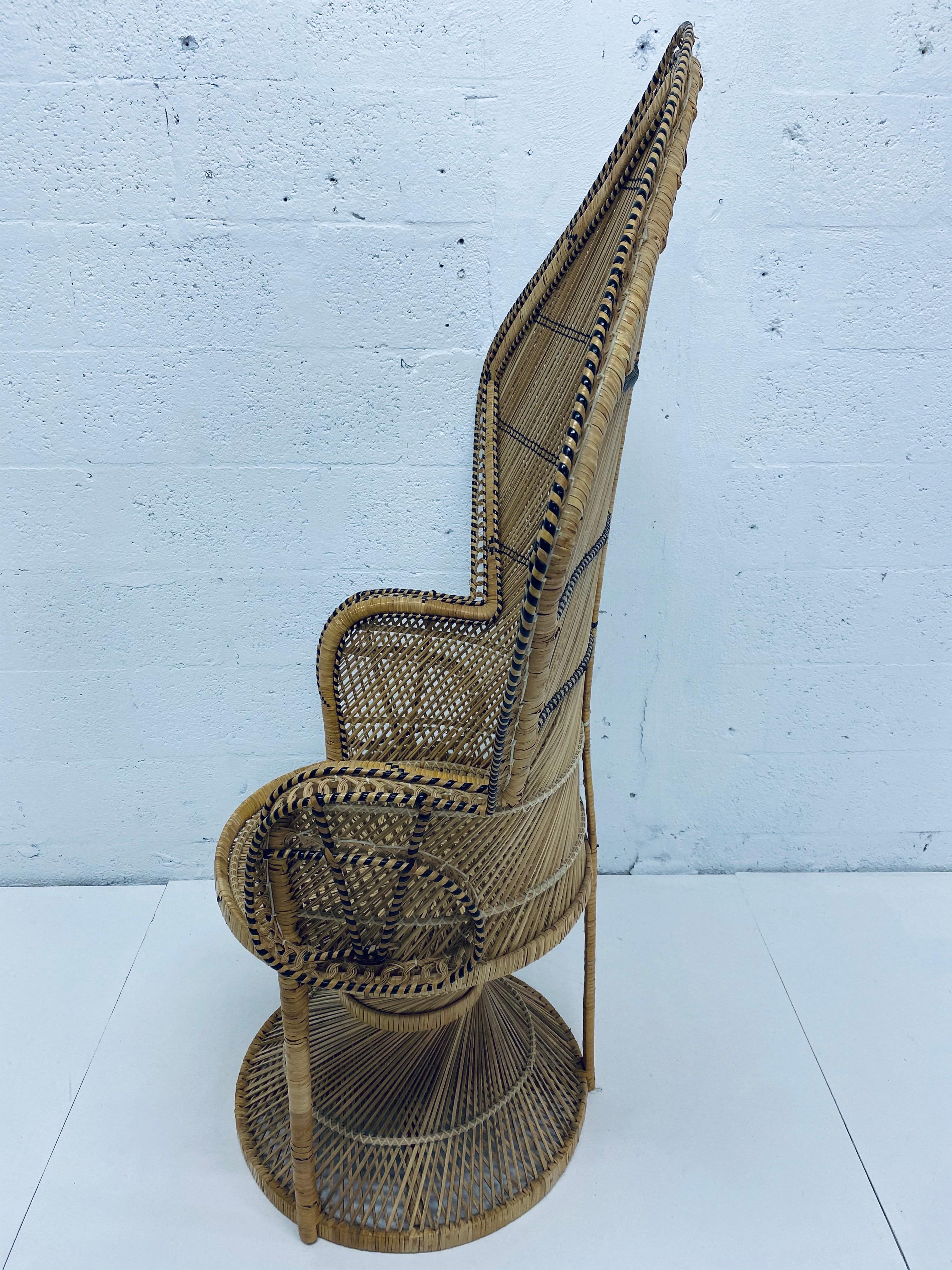 Midcentury Natural Rattan Emmanuel Style Angular Peacock Chair, 1970s In Good Condition In Miami, FL