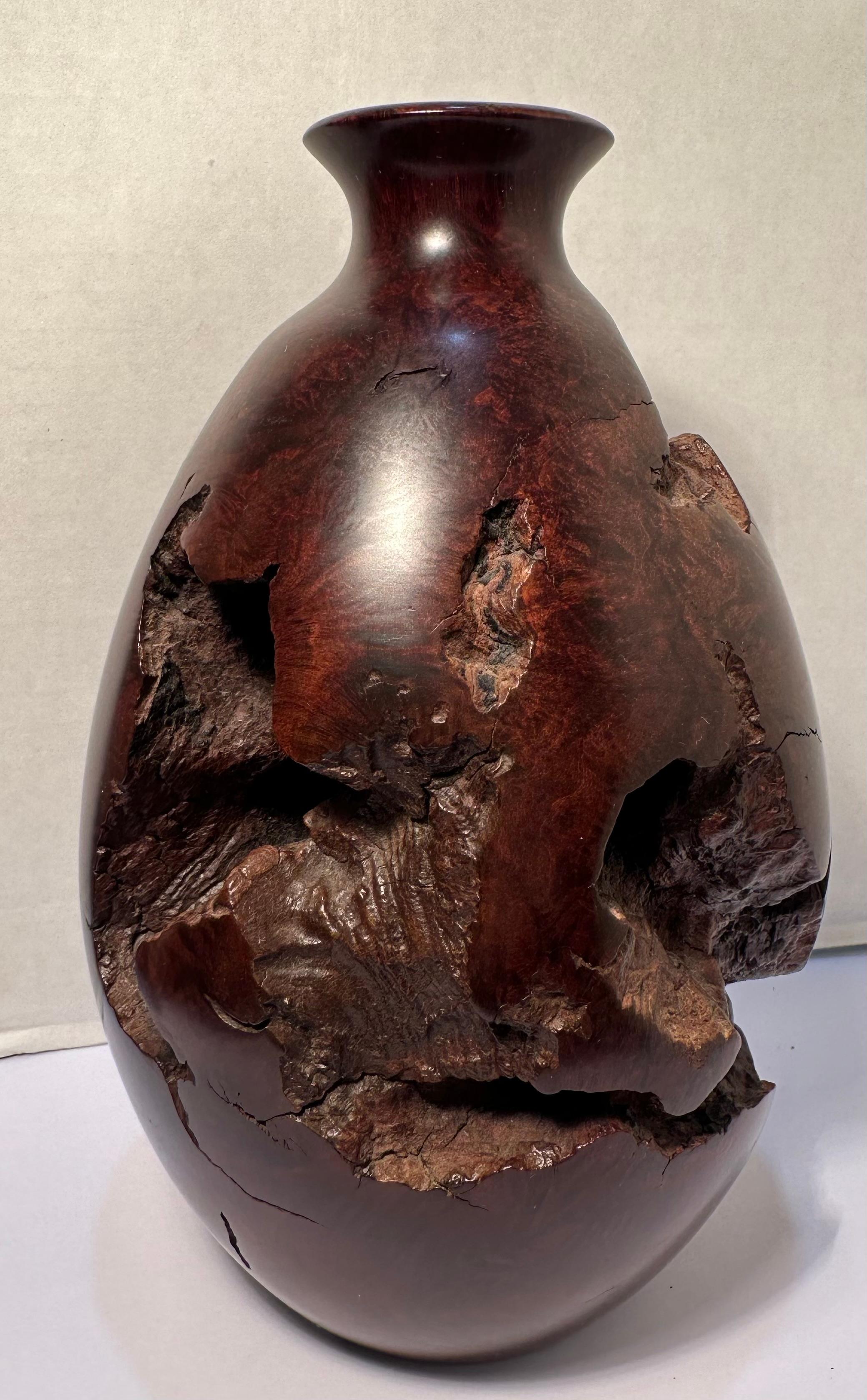 Hand-Carved Mid-Century Natural Smooth and Rugged Burlwood Bulbous Bud Vase - One of a Kind For Sale