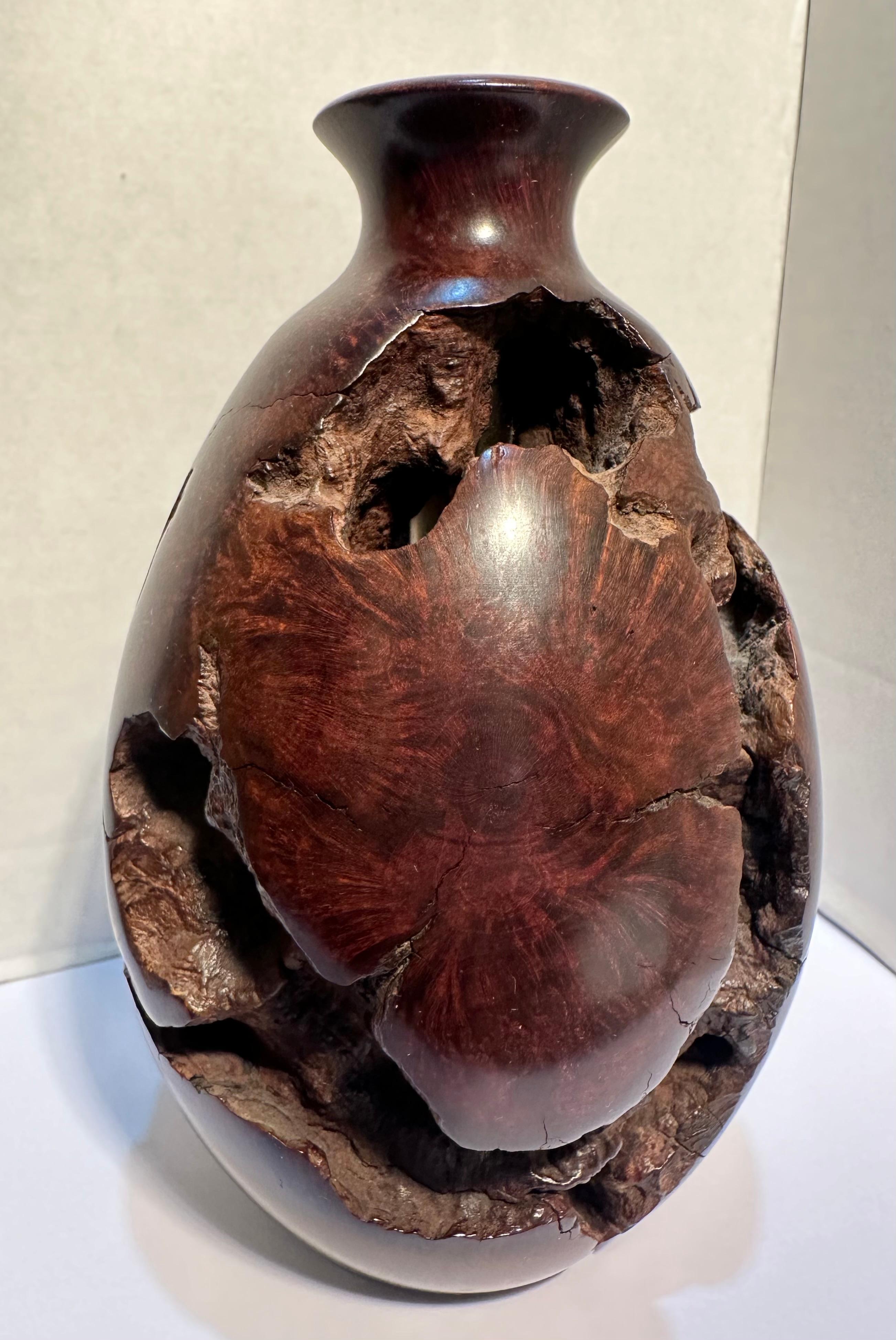 Mid-Century Natural Smooth and Rugged Burlwood Bulbous Bud Vase - One of a Kind In Excellent Condition For Sale In Tustin, CA