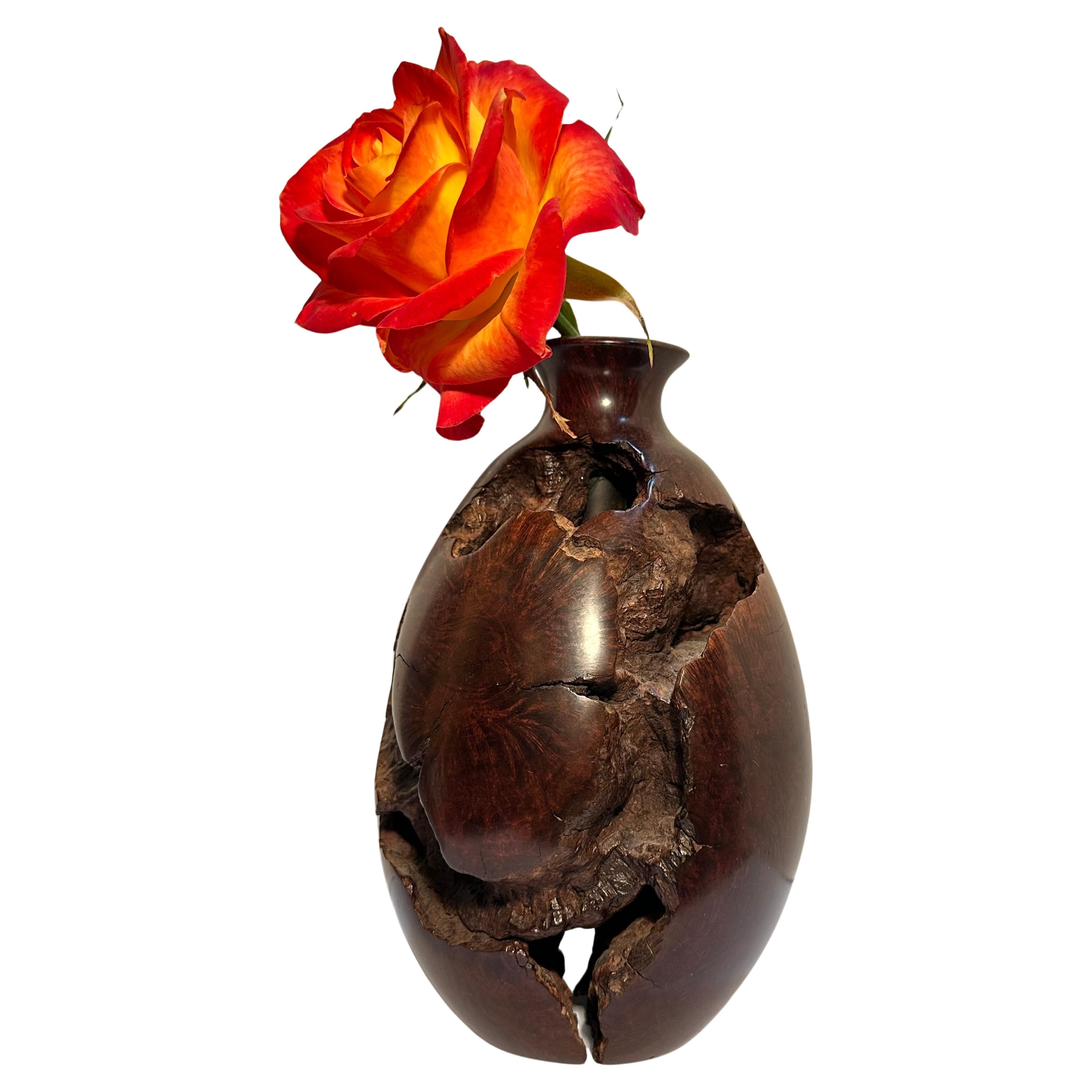Wood Mid-Century Natural Smooth and Rugged Burlwood Bulbous Bud Vase - One of a Kind For Sale