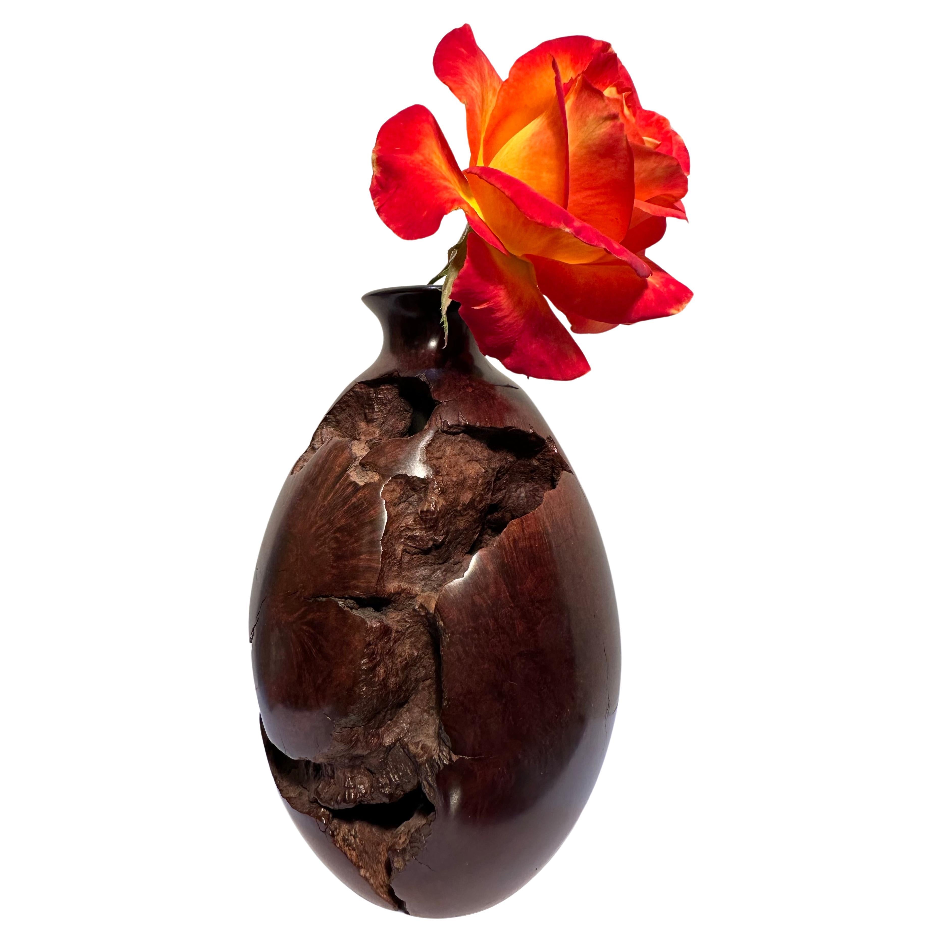Mid-Century Natural Smooth and Rugged Burlwood Bulbous Bud Vase - One of a Kind For Sale