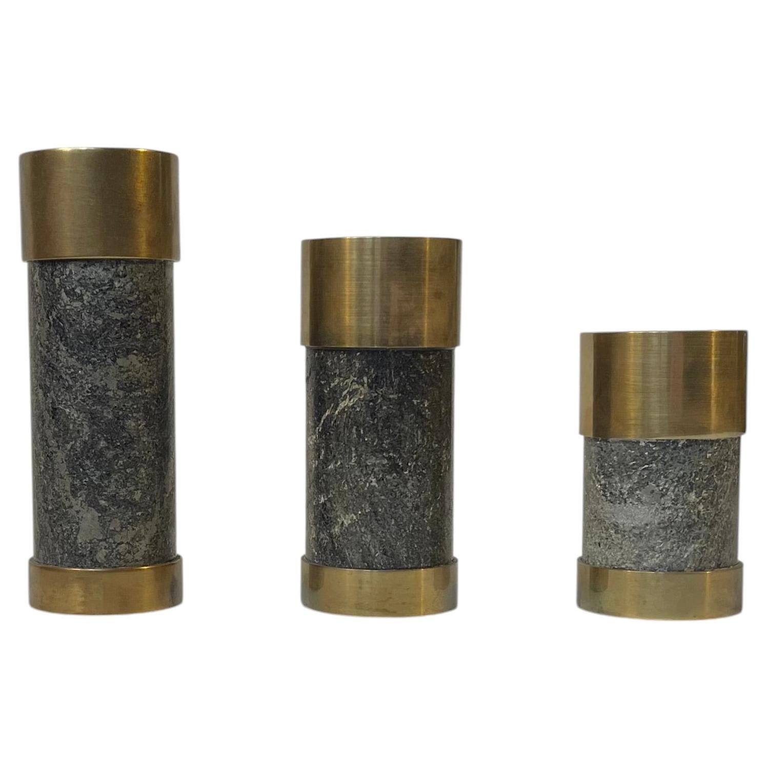 Mid-Century Natural Stone and Brass Candleholders by Saulo Norway, 1960s
