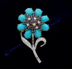 Mid Century Natural Turquoise Diamond Sapphire Flower Brooch