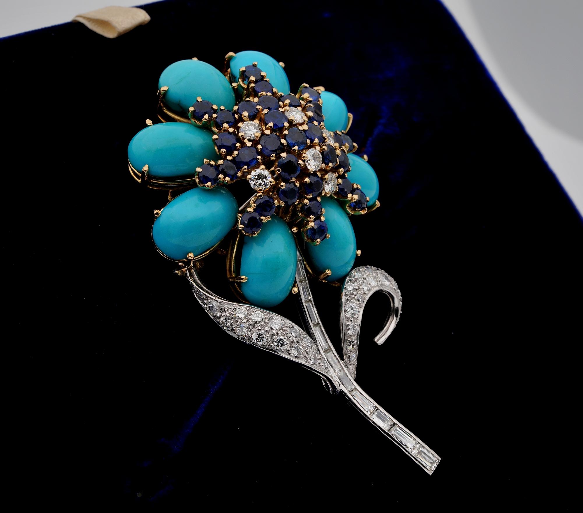 Contemporary Mid Century Natural Turquoise Diamond Sapphire Flower Brooch For Sale