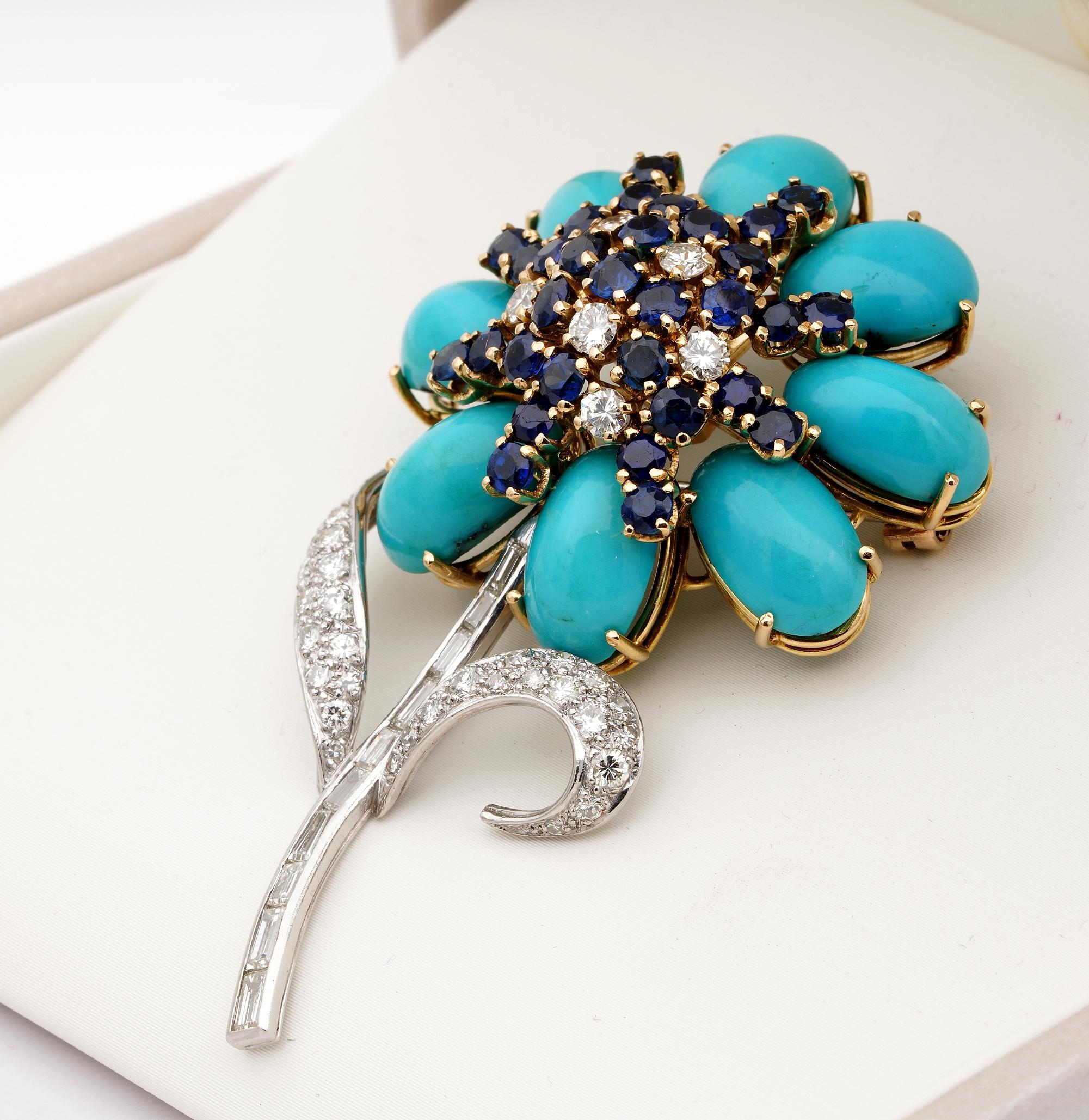 Cabochon Mid Century Natural Turquoise Diamond Sapphire Flower Brooch For Sale