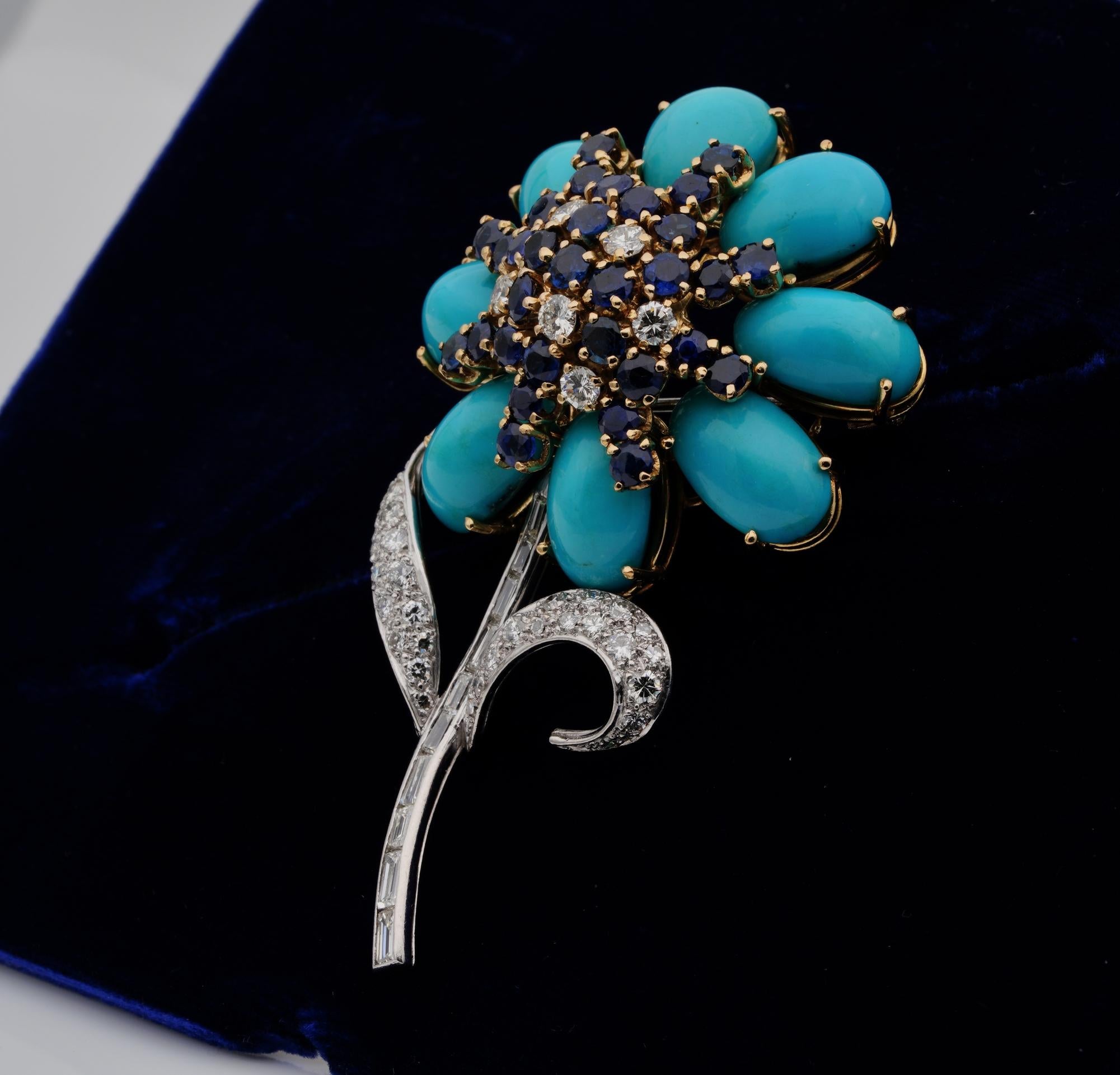 Mid Century Natural Turquoise Diamond Sapphire Flower Brooch In Good Condition For Sale In Napoli, IT