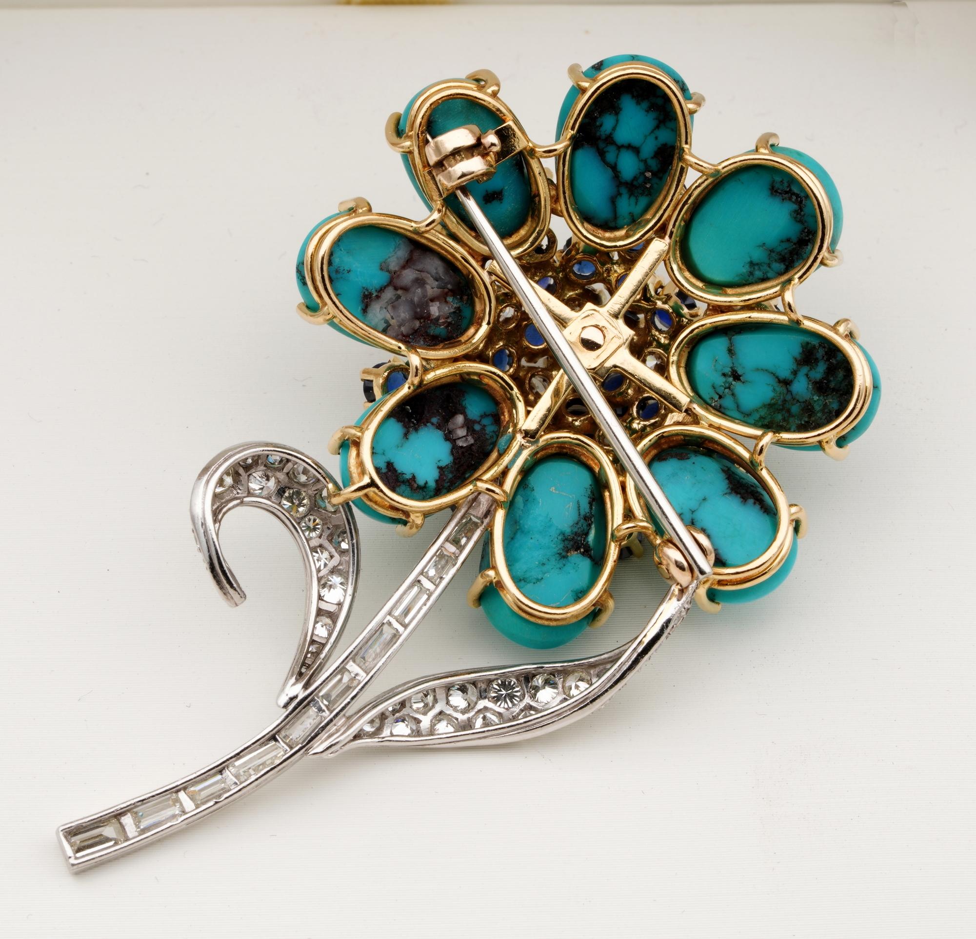 Women's or Men's Mid Century Natural Turquoise Diamond Sapphire Flower Brooch For Sale