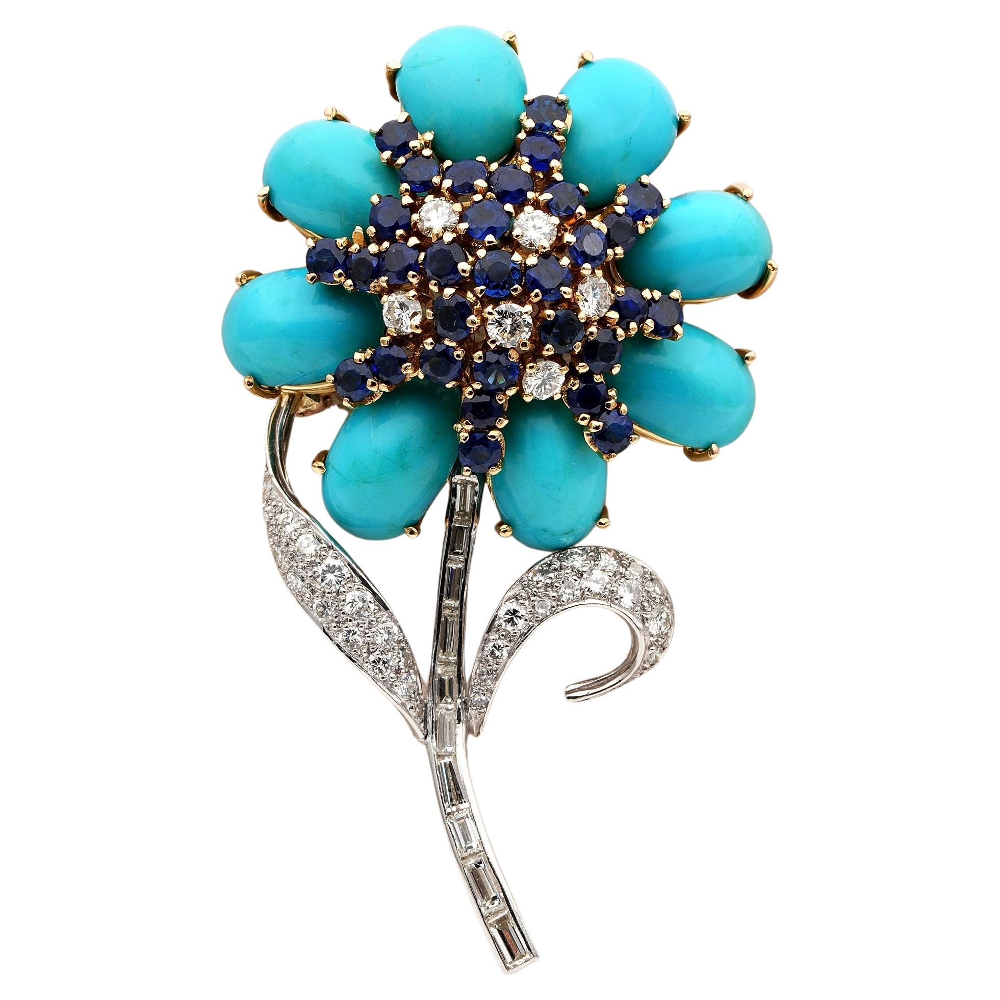 Mid Century Natural Turquoise Diamond Sapphire Flower Brooch