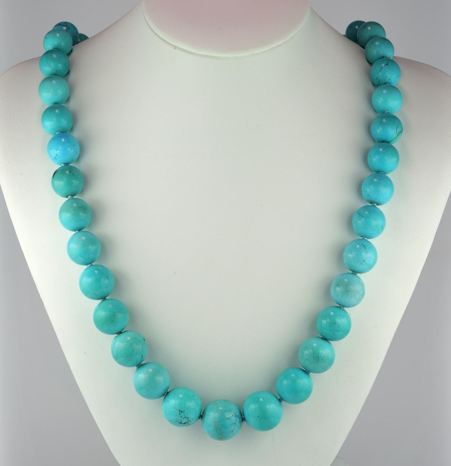 This outstanding mi-century Turquoise necklace is totally untreated, 1950 ca.
Majority of Turquoise necklaces are in fact treated, stabilized , tinted, waxed, reconstituted, vaporized quarts enhanced to end with paste which is the poorer
This scarce
