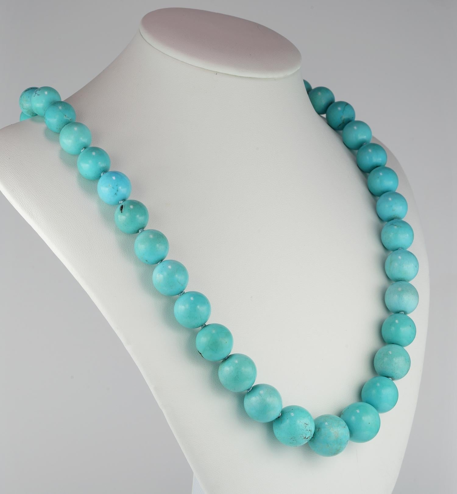 Cabochon Mid Century Natural Turquoise Necklace 18 KT Diamond Clasp For Sale