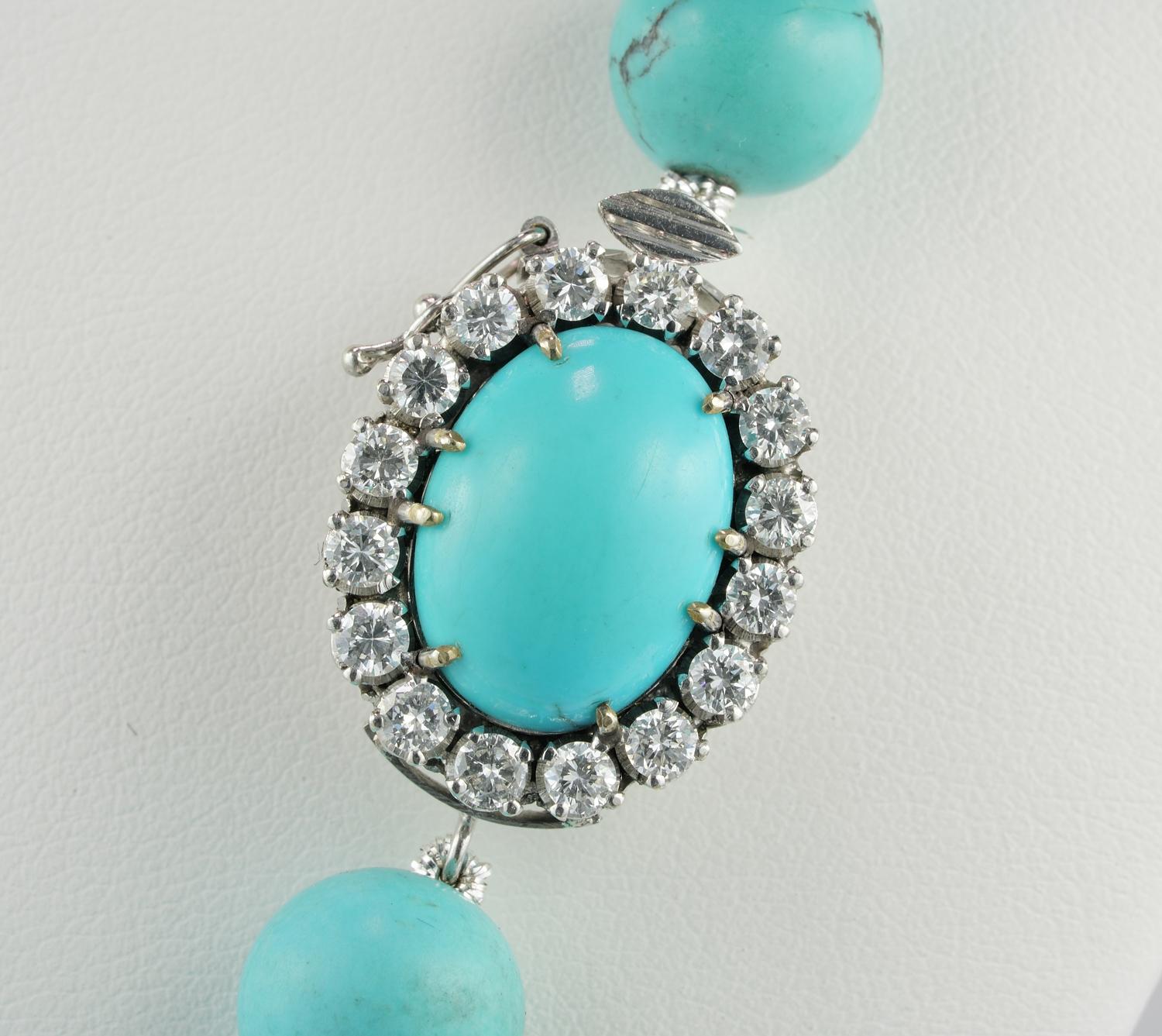 Women's Mid Century Natural Turquoise Necklace 18 KT Diamond Clasp For Sale