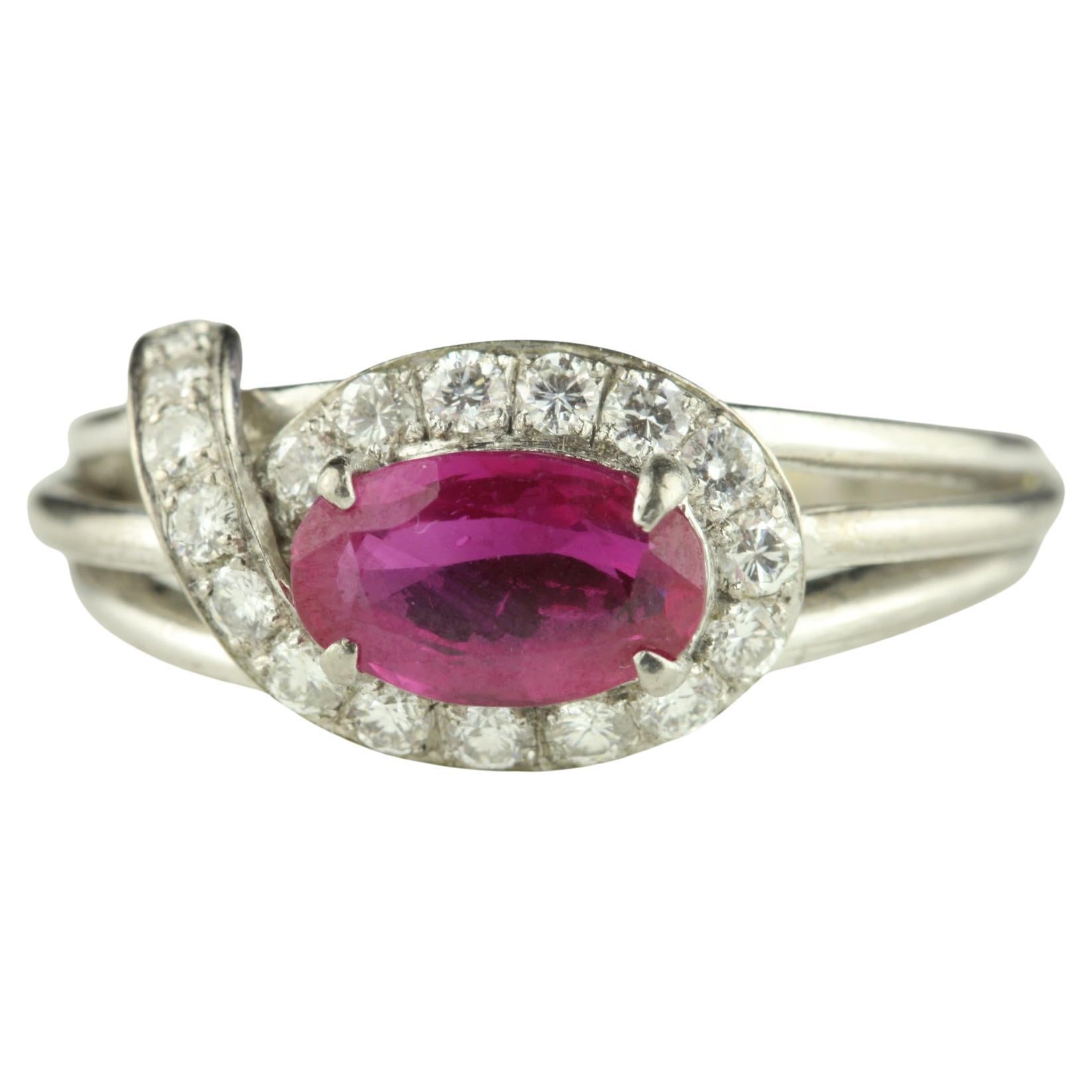 Mid-Century Natural Unheated Ruby and Diamond Ring For Sale