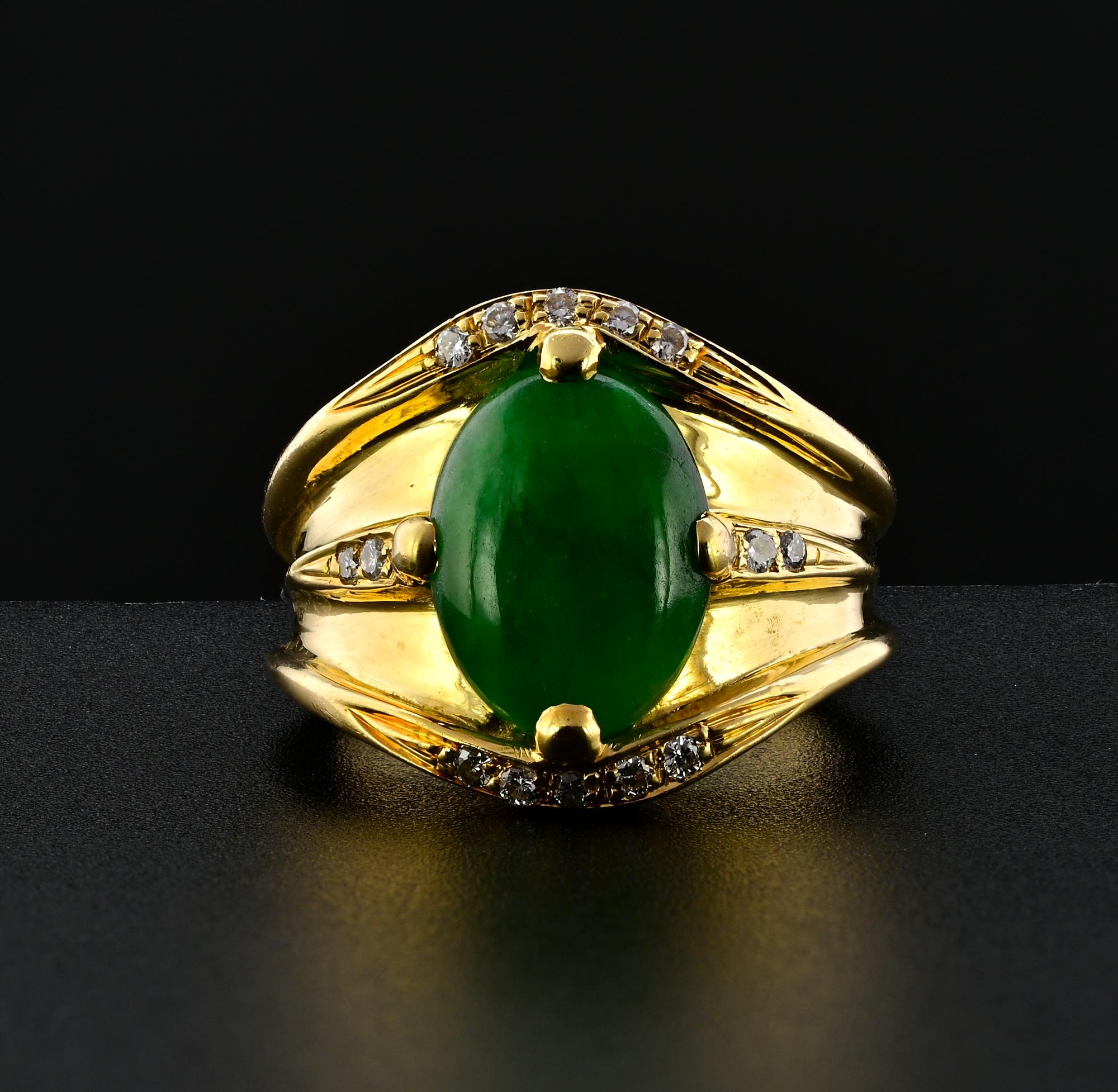 This beautiful vintage ring is 1960 circa
Beautiful designed with a flat head in a substantial 18 KT solid gold mount, sophisticate timeless style
Italian origin
Ring weighs 16.8 grams
Focal point is the center natural Green Jade, lovely in color,