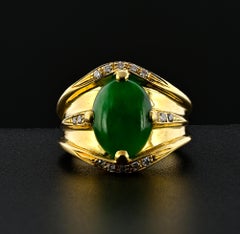 Mid- century Natural Untreated Green Jade Diamond Ring