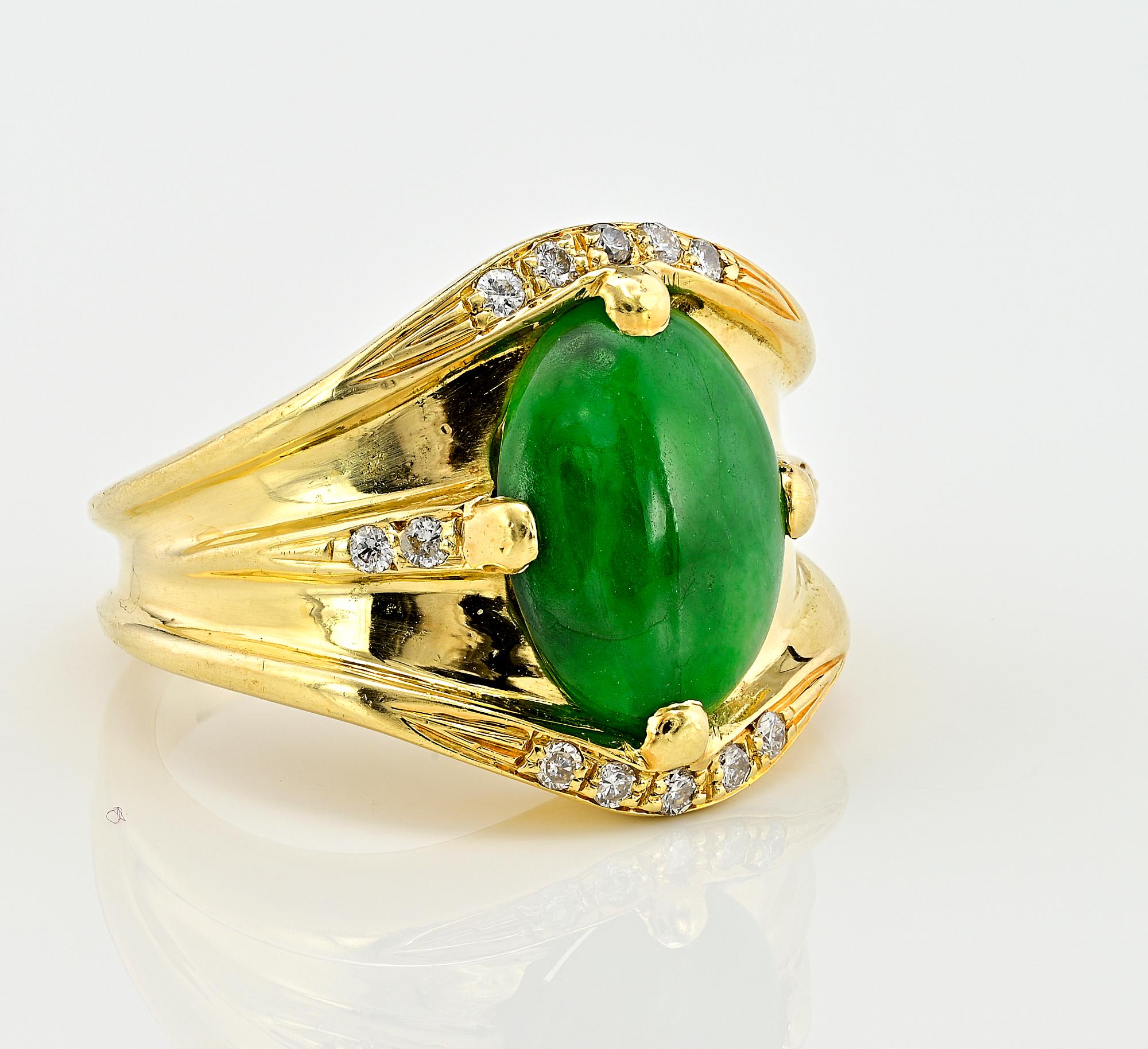Contemporary Mid- century Natural Untreated Green Jade Diamond Ring For Sale