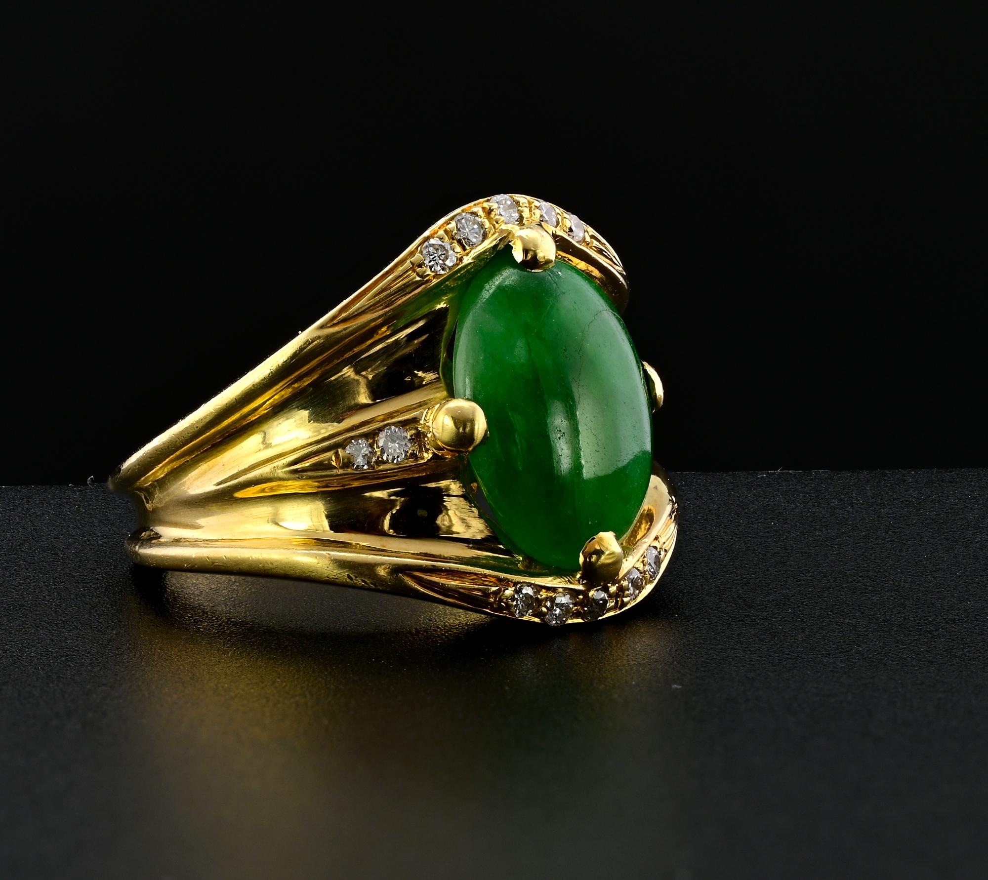 Cabochon Mid- century Natural Untreated Green Jade Diamond Ring For Sale