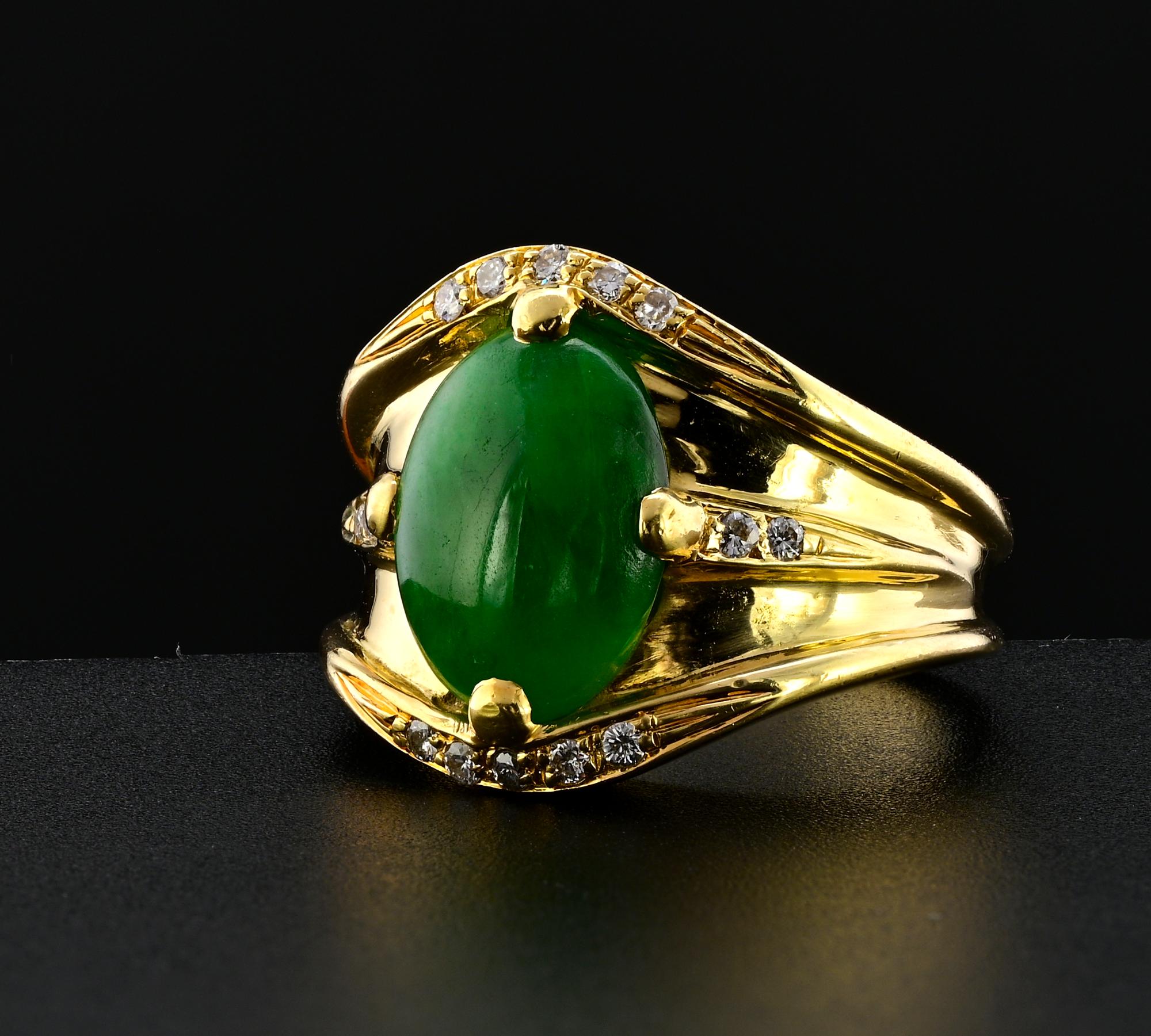 Women's Mid- century Natural Untreated Green Jade Diamond Ring For Sale