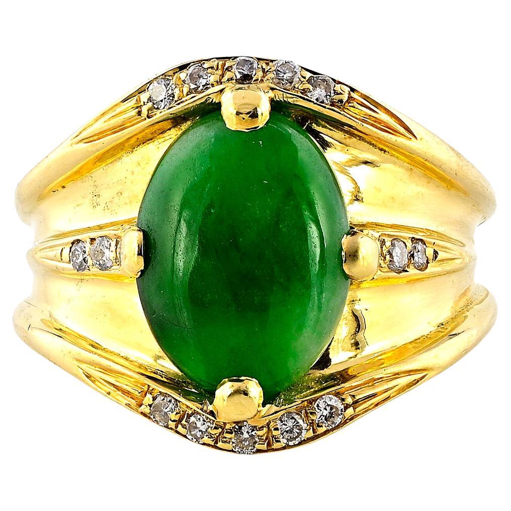 Mid- century Natural Untreated Green Jade Diamond Ring For Sale
