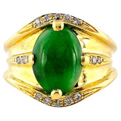 Vintage Mid- century Natural Untreated Green Jade Diamond Ring