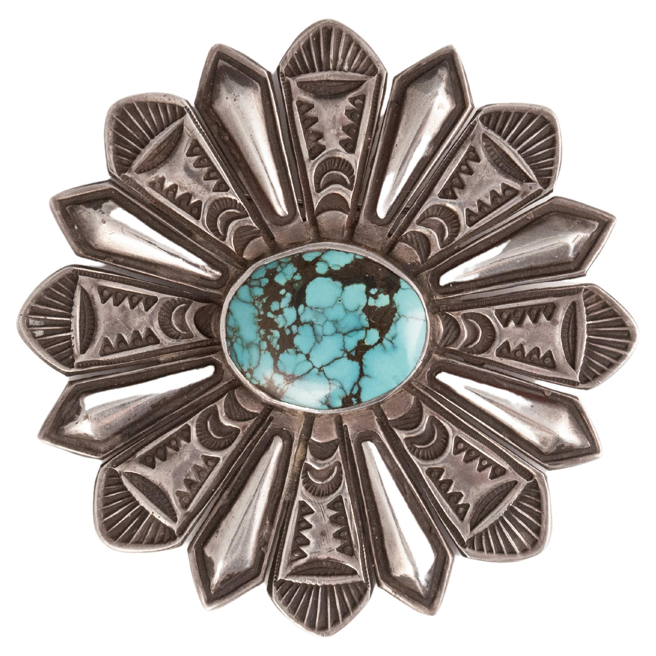 Mid-Century Navajo Silversmith Harry H. Begay Turquoise and Silver Brooch