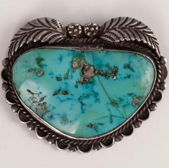 Mid-Century Navajo Silversmith T. K. Heart-Shaped Turquoise and Silver Brooch