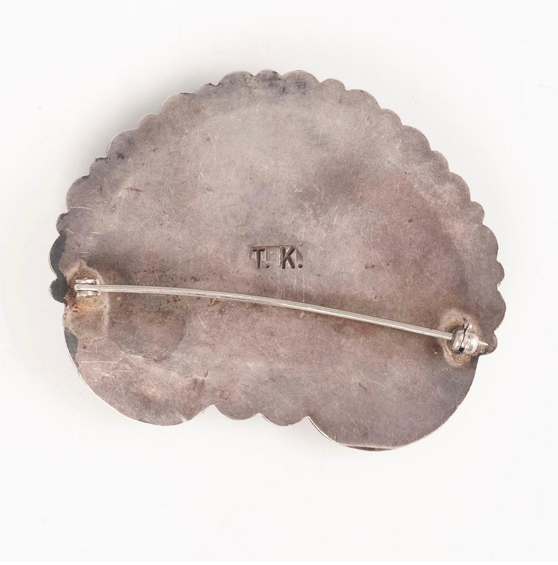 Oval Cut Mid-Century Navajo Silversmith T. K. Heart-Shaped Turquoise and Silver Brooch For Sale