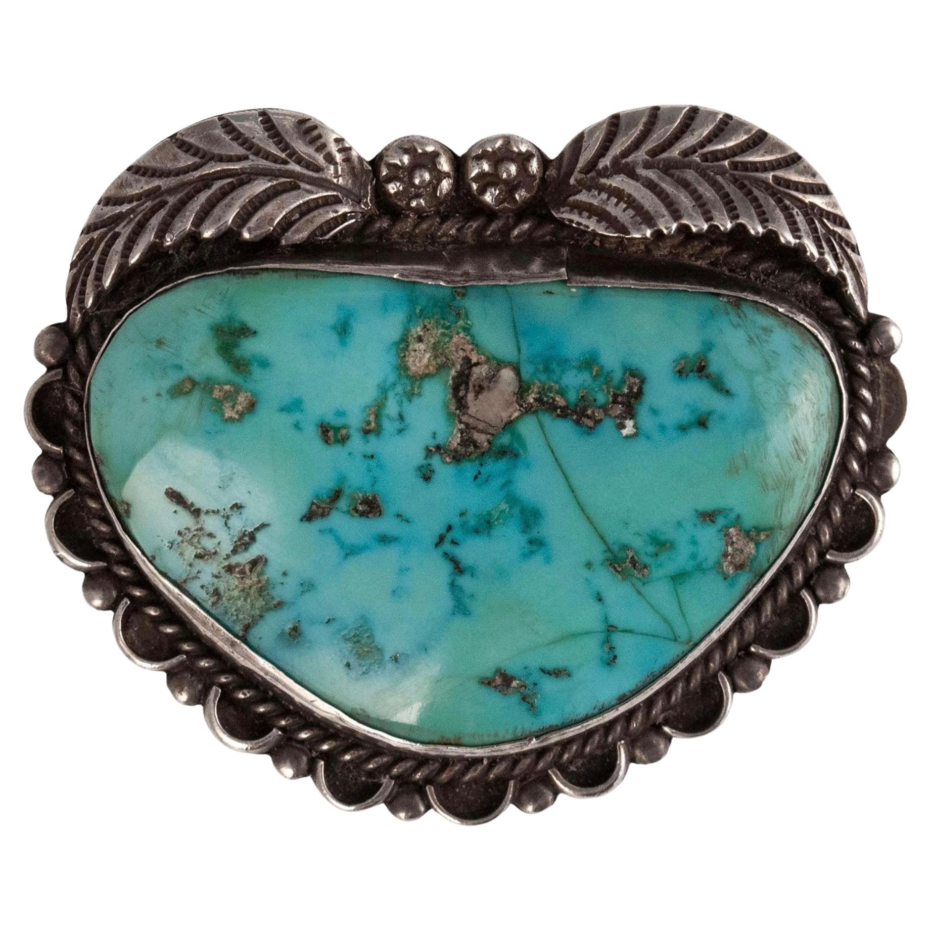 Mid-Century Navajo Silversmith T. K. Heart-Shaped Turquoise and Silver Brooch