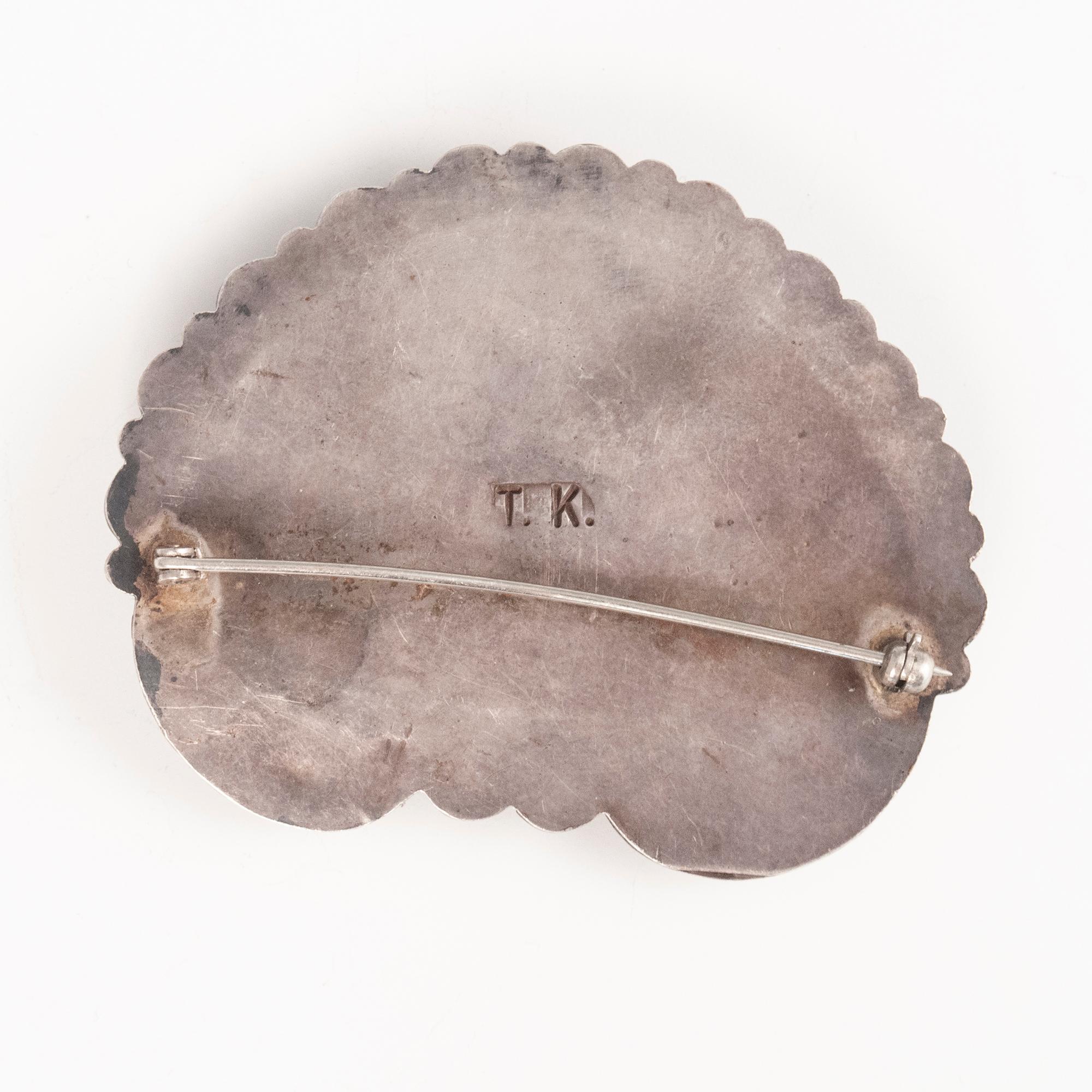 Mid-Century Navajo Silberschmied T. K. Türkis und Silber Brosche (Handgefertigt) im Angebot