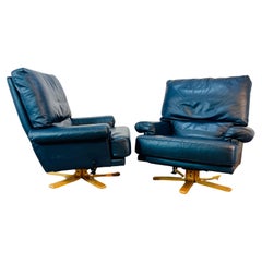 Mid Century Navy Blue Leather Swivel Chairs, Set of 2, 1970s