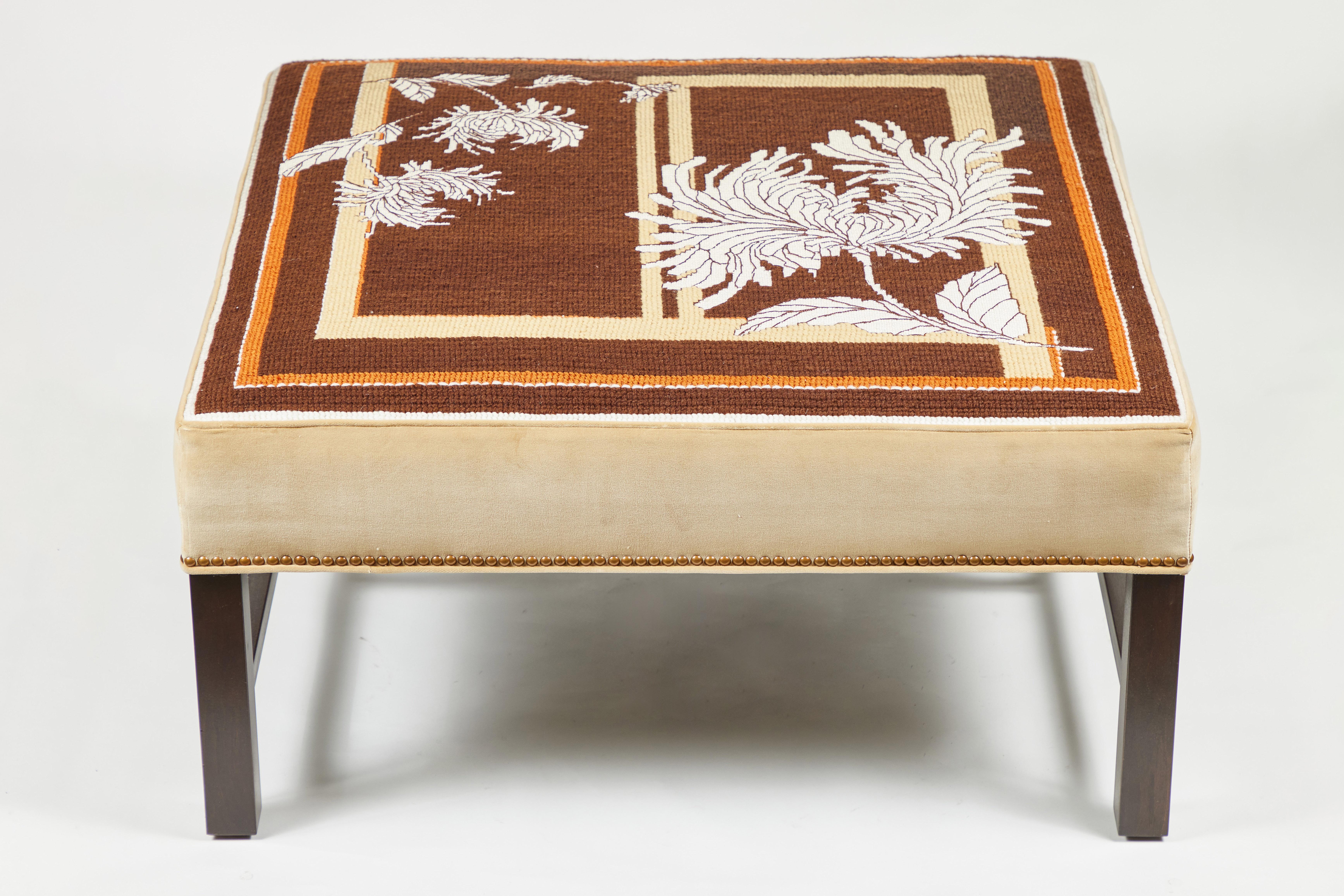 Midcentury Needlepoint Square Ottoman In Good Condition In Pasadena, CA