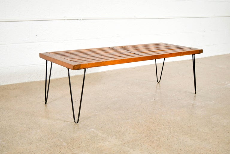 Midcentury Nelson Style Walnut Wood Slat Bench With Hairpin Legs