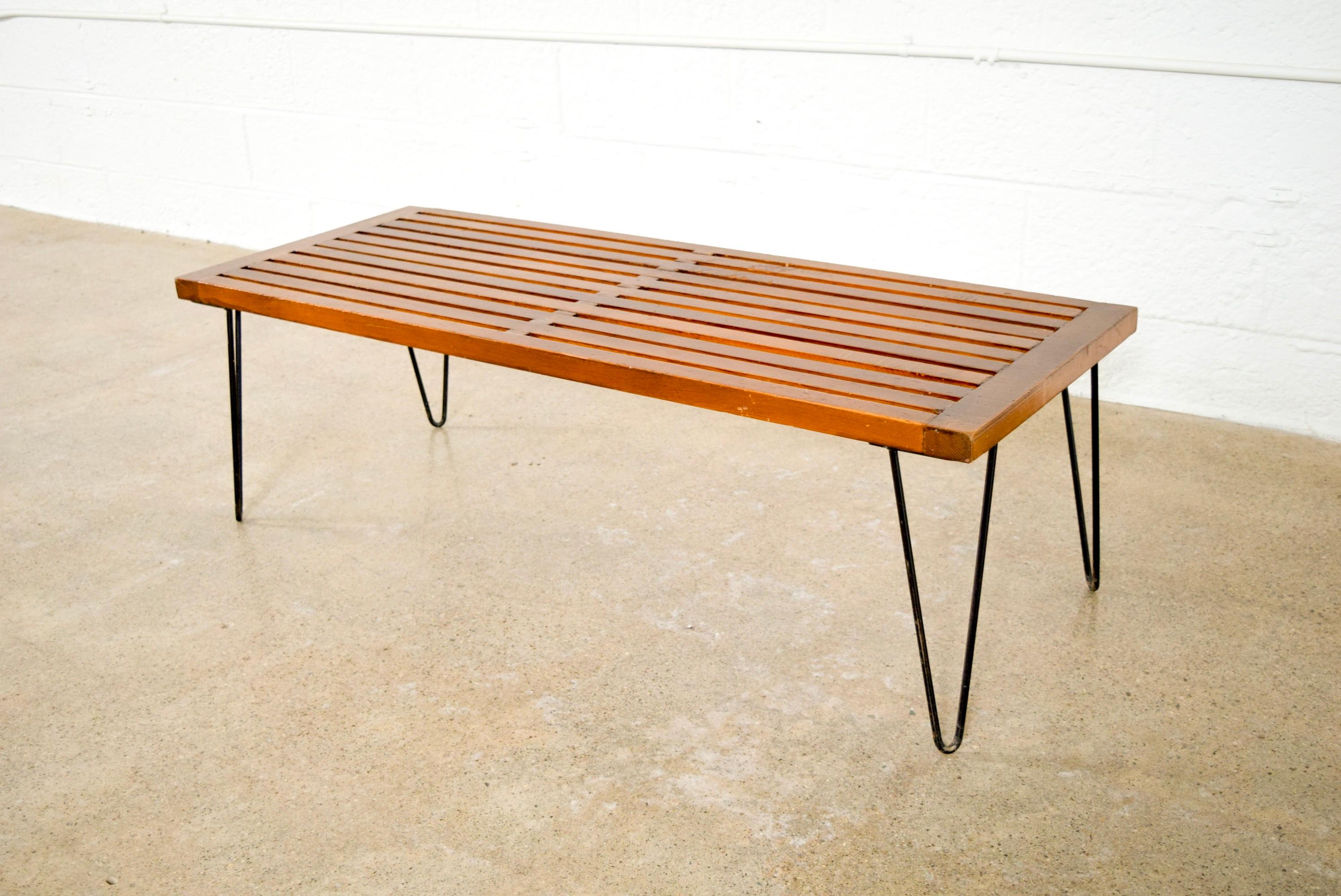 Midcentury Nelson Style Walnut Wood Slat Bench With Hairpin Legs