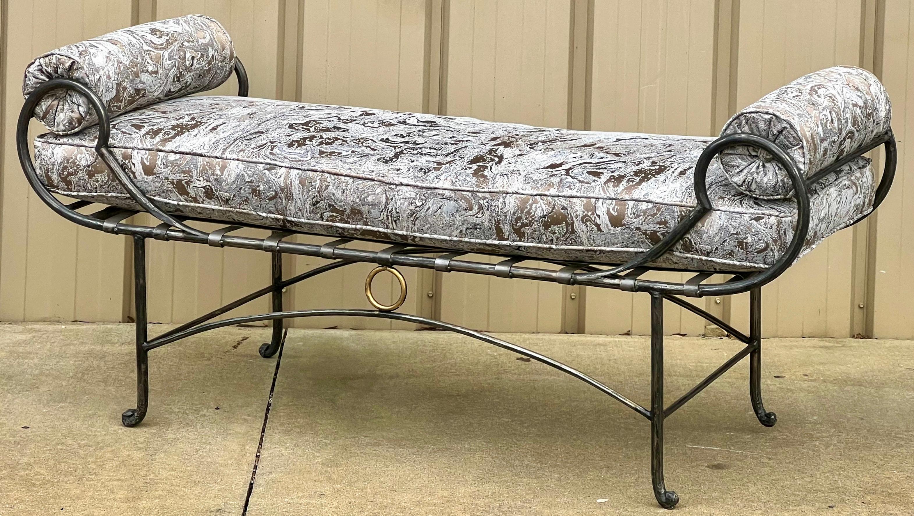 Mid-Century  Neo-Classical Maison Jansen Style Steel Bench W/ Faux Marble Fabric In Good Condition For Sale In Kennesaw, GA