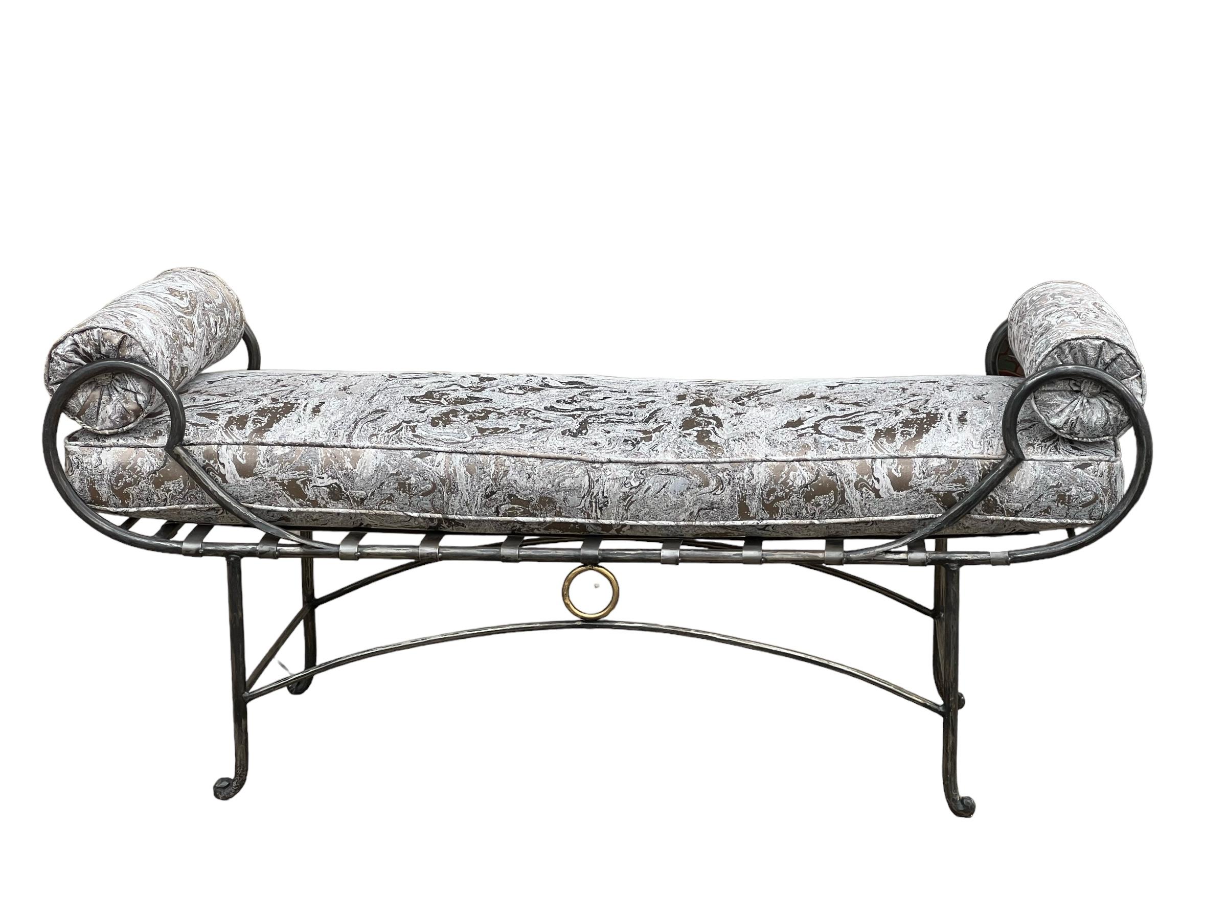 20th Century Mid-Century  Neo-Classical Maison Jansen Style Steel Bench W/ Faux Marble Fabric For Sale