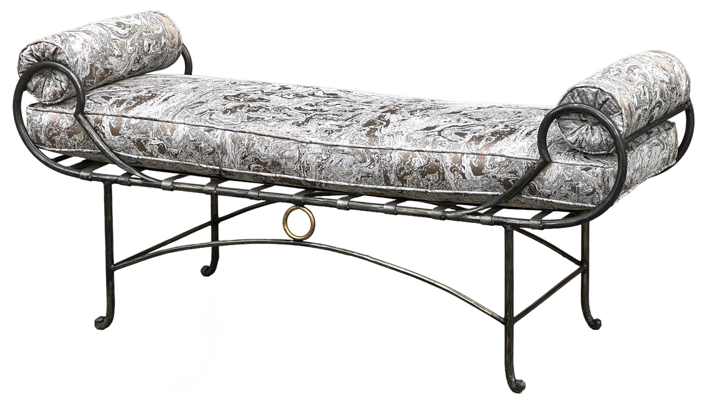 Mid-Century  Neo-Classical Maison Jansen Style Steel Bench W/ Faux Marble Fabric For Sale 1