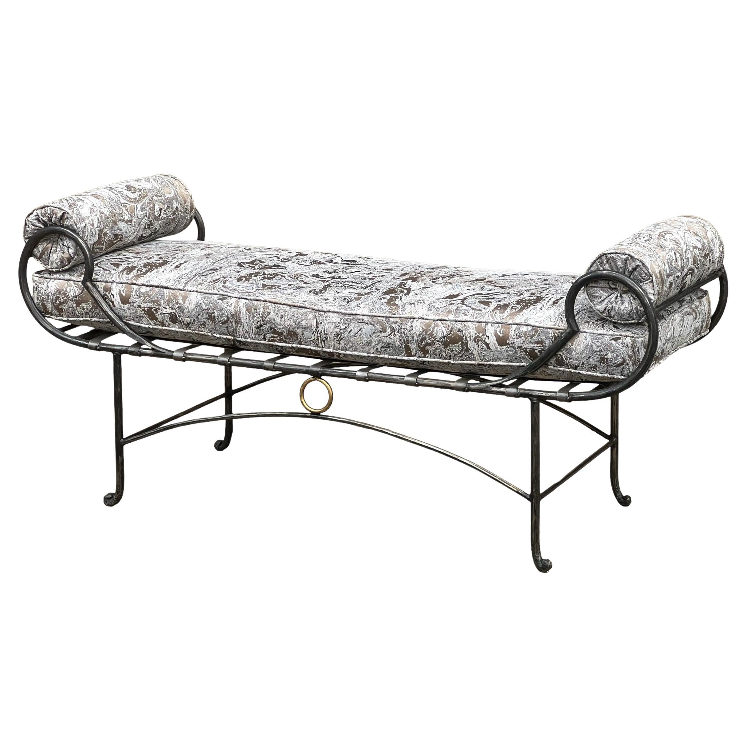 Mid-Century  Neo-Classical Maison Jansen Style Steel Bench W/ Faux Marble Fabric For Sale