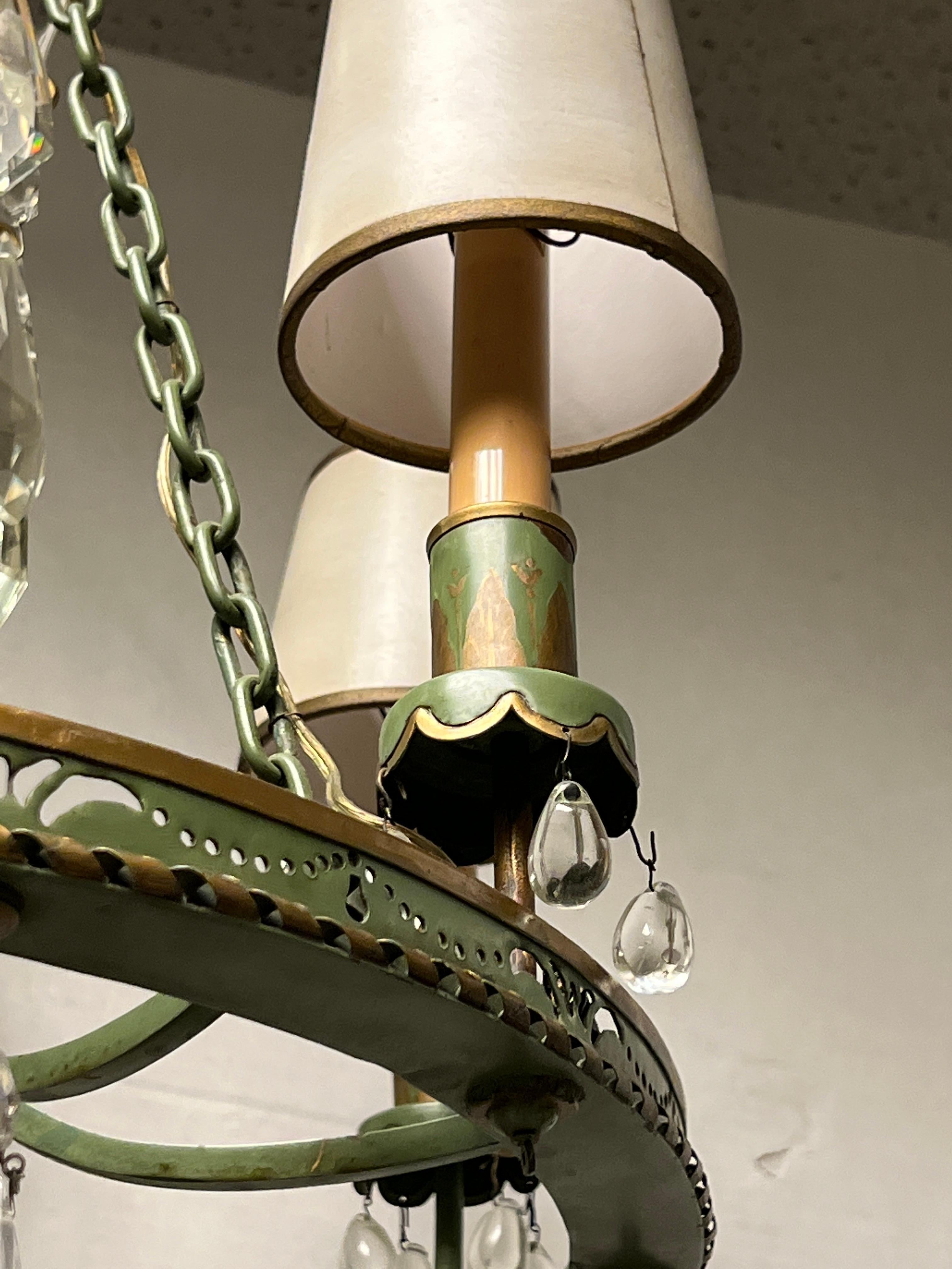 Mid Century Neo Classical Painted Tole and Crystal Chandelier For Sale 4
