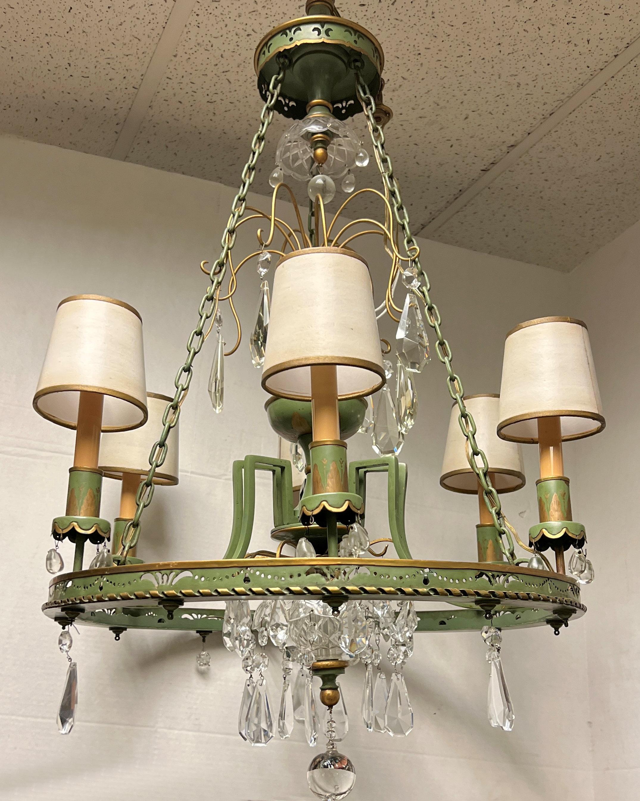 very nice quality French mid century Green and Gold Painted tole metal electrified chandelier with faceted crystal drops.