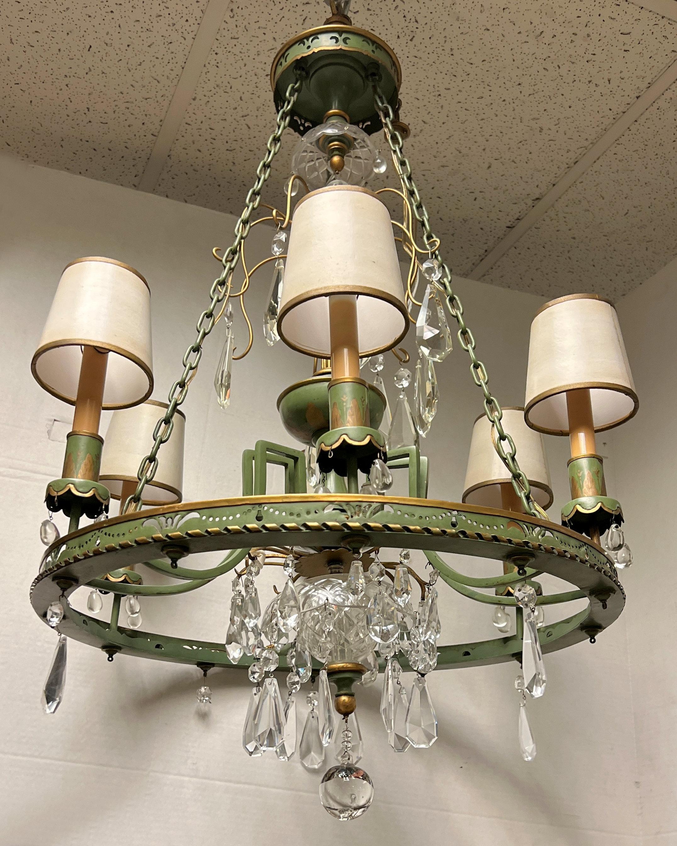 Hand-Painted Mid Century Neo Classical Painted Tole and Crystal Chandelier For Sale