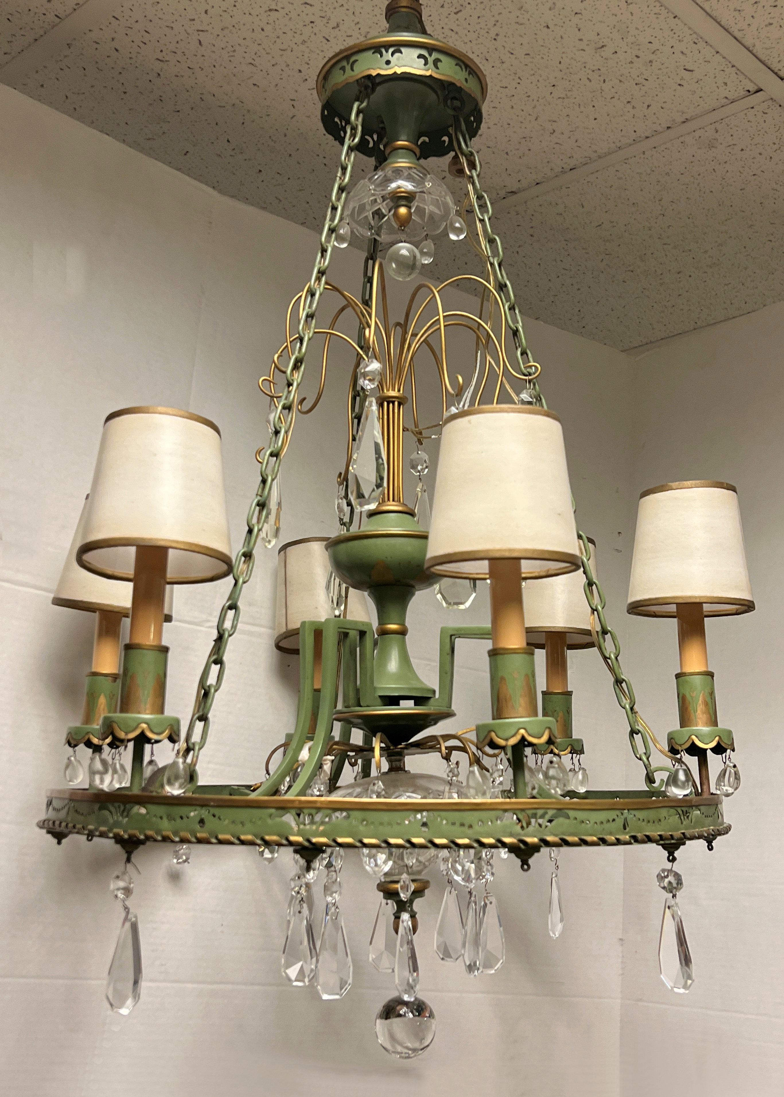 Mid Century Neo Classical Painted Tole and Crystal Chandelier In Good Condition For Sale In New York, NY