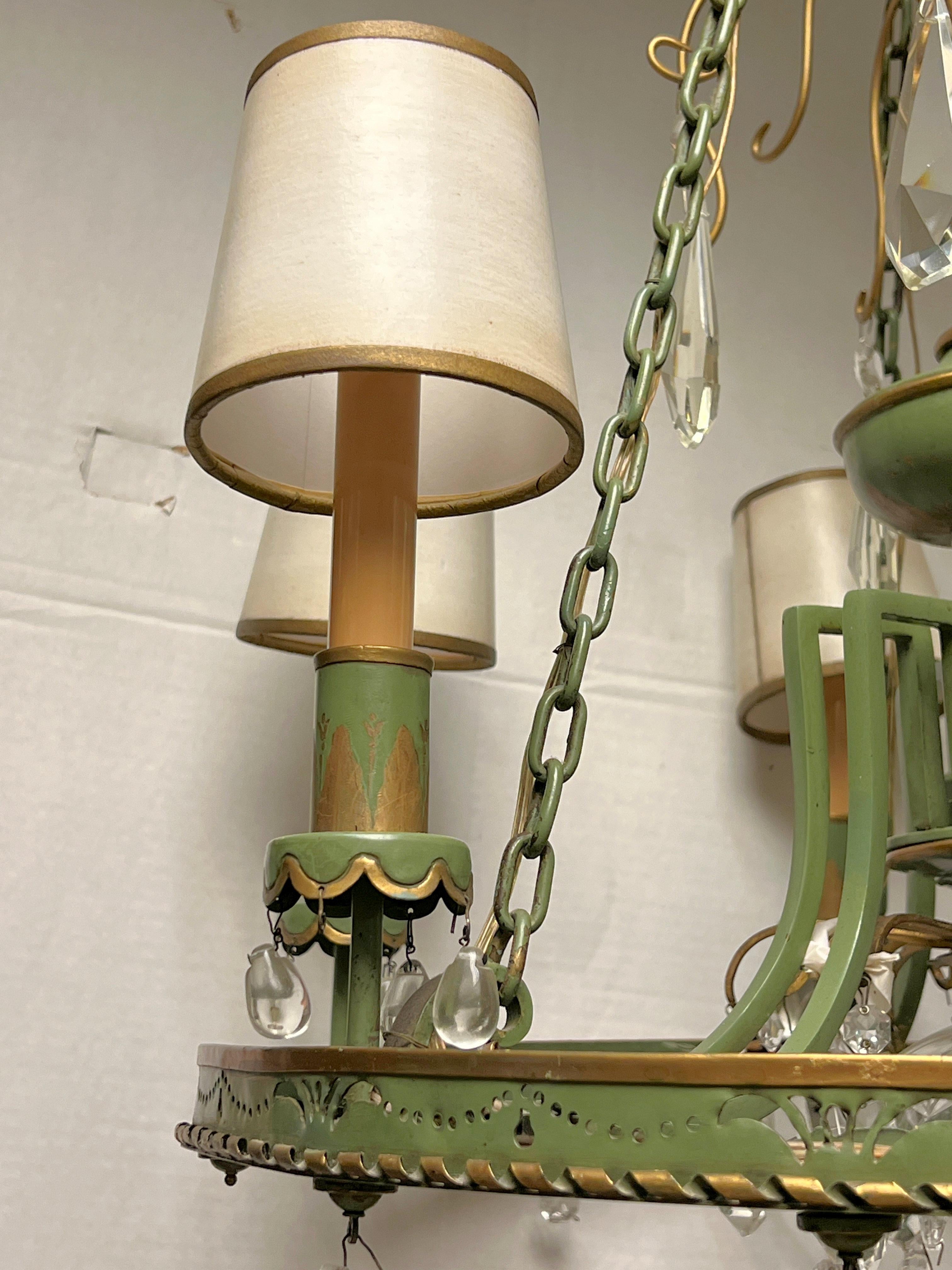 20th Century Mid Century Neo Classical Painted Tole and Crystal Chandelier For Sale