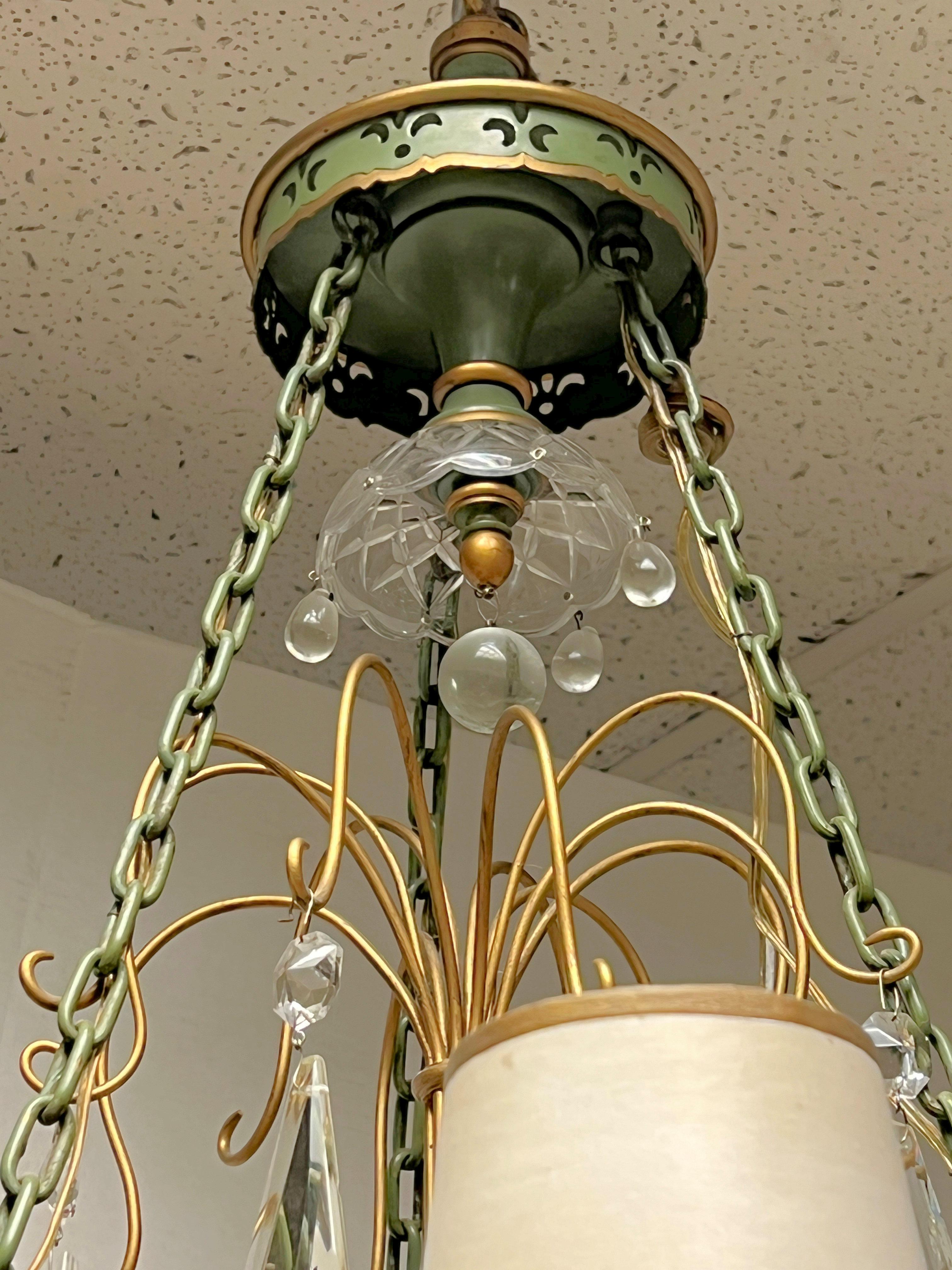 Metal Mid Century Neo Classical Painted Tole and Crystal Chandelier For Sale