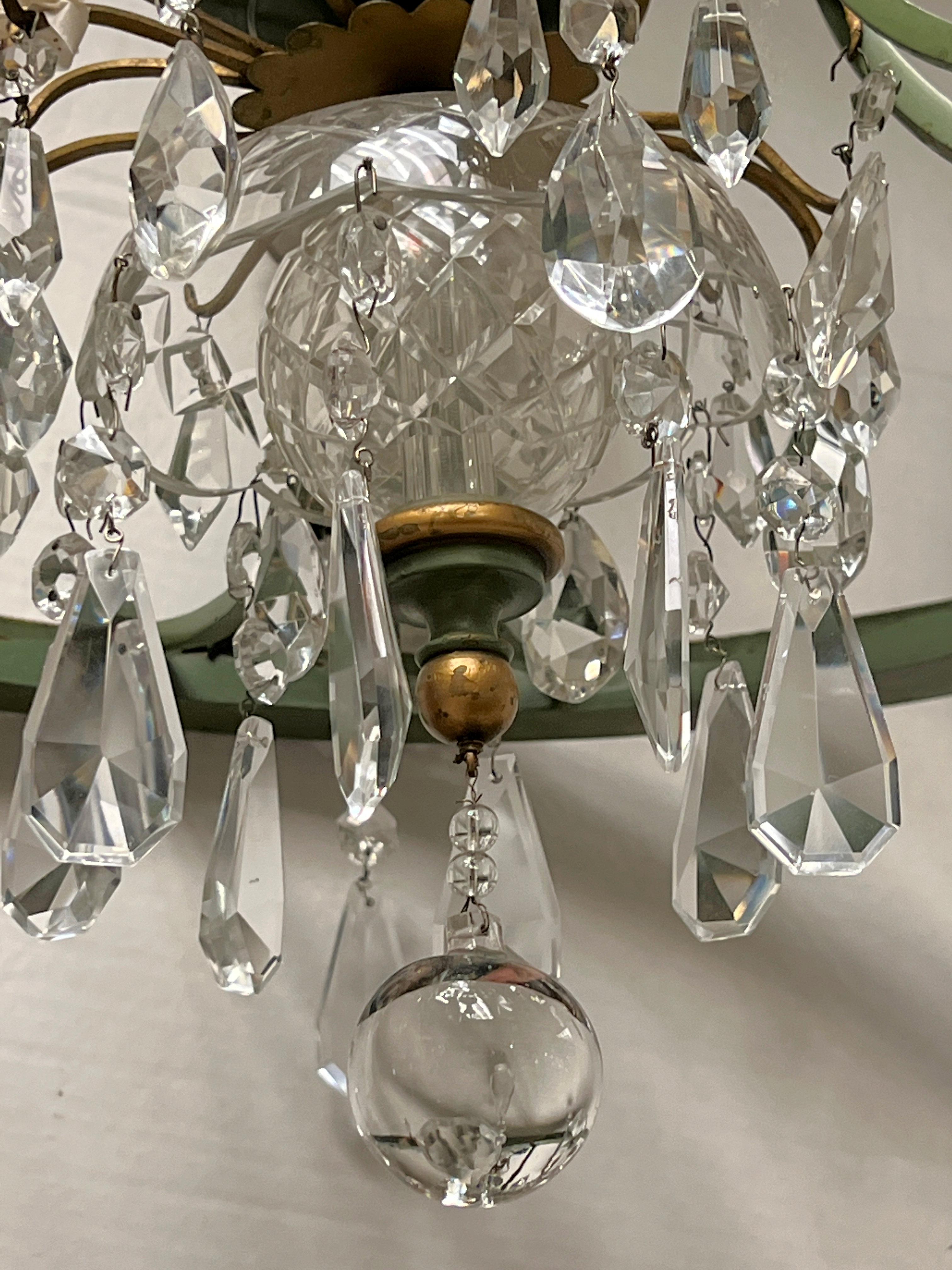 Mid Century Neo Classical Painted Tole and Crystal Chandelier For Sale 1