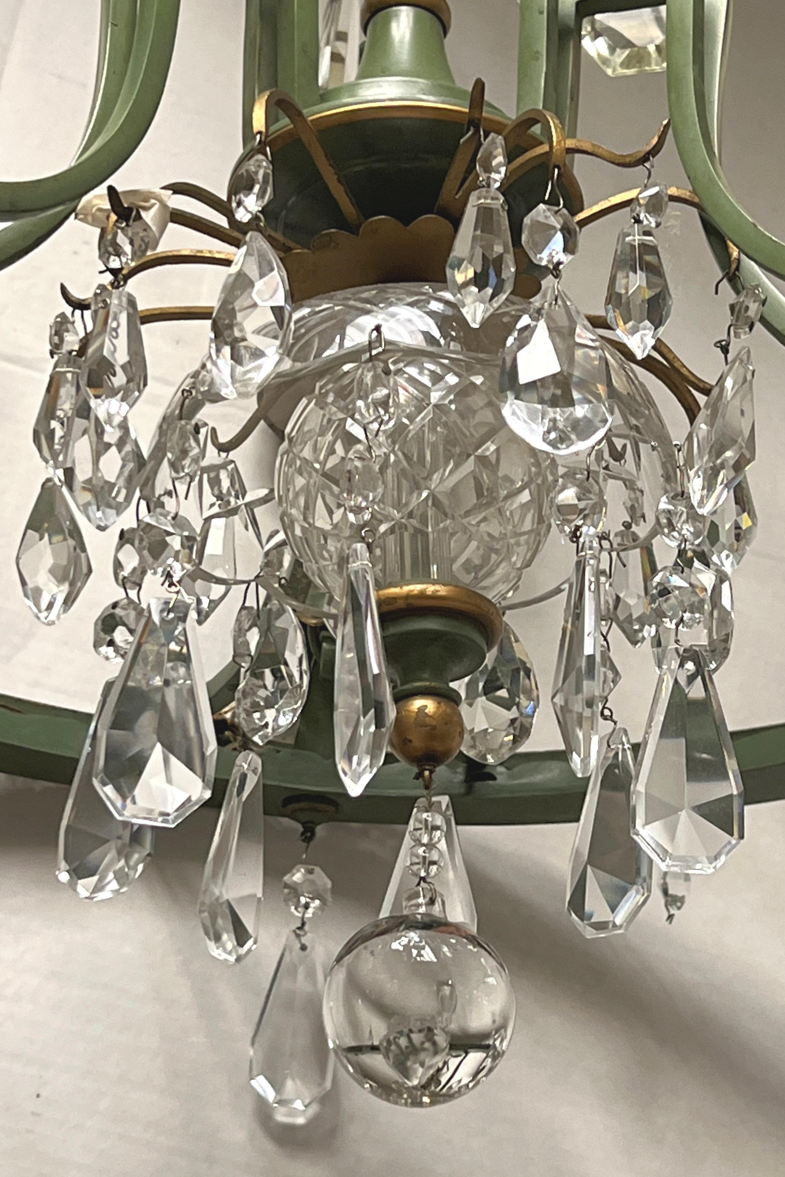 Mid Century Neo Classical Painted Tole and Crystal Chandelier For Sale 2