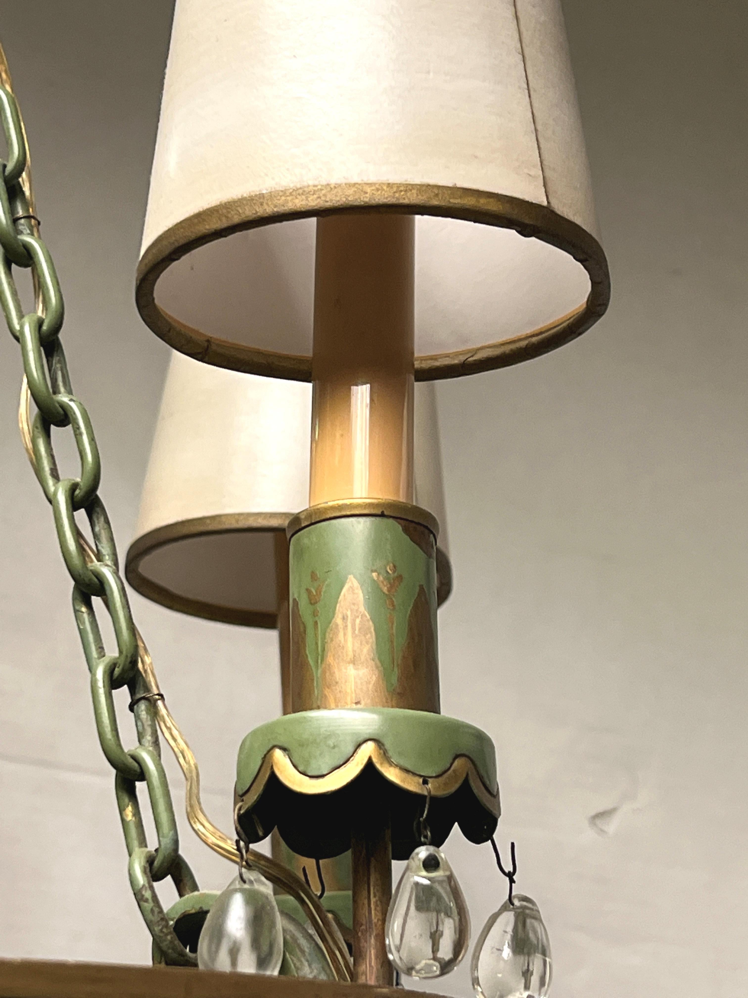Mid Century Neo Classical Painted Tole and Crystal Chandelier For Sale 3